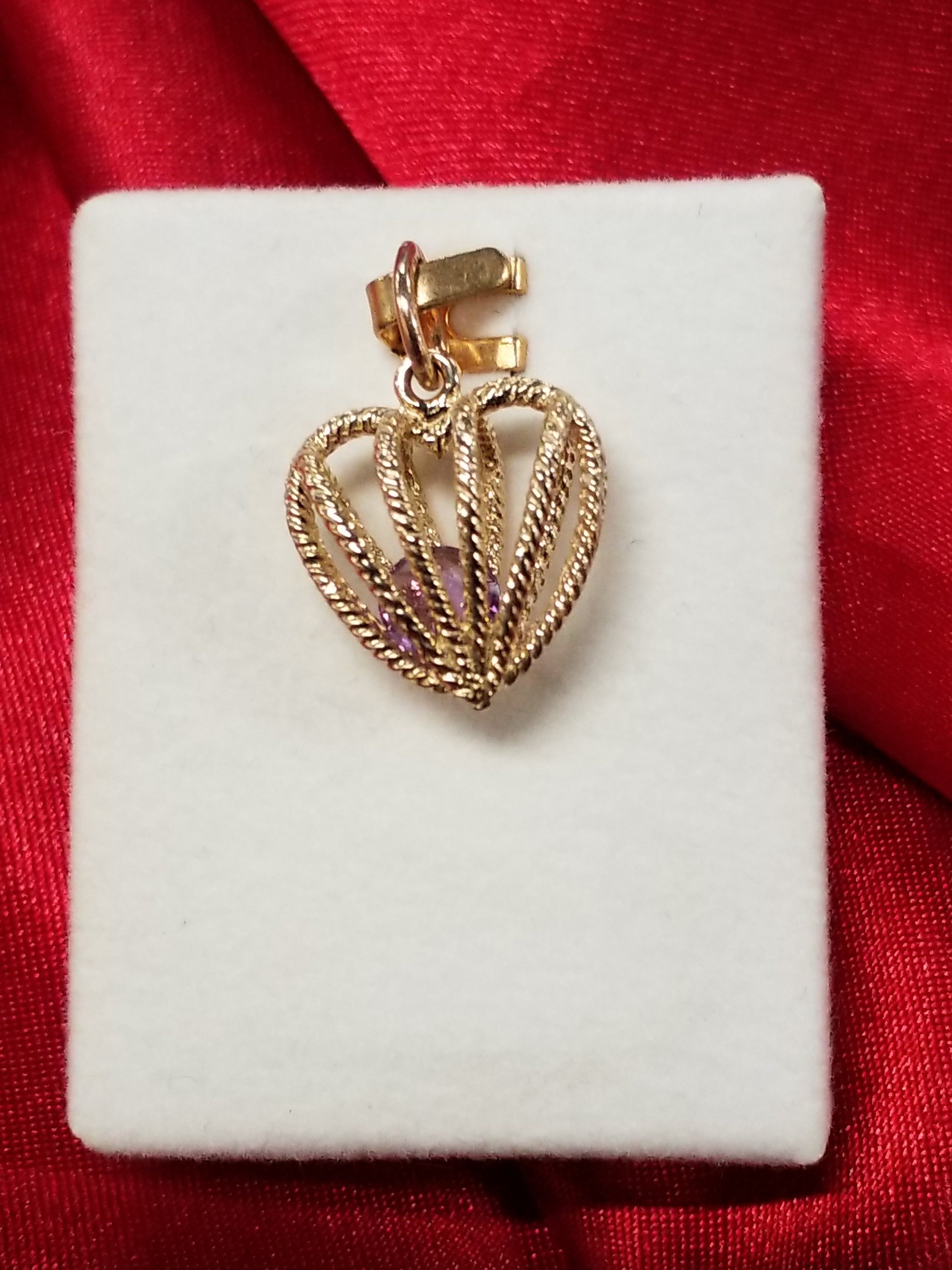 Gold Charm - Heart - Floating Amethyst in Cage