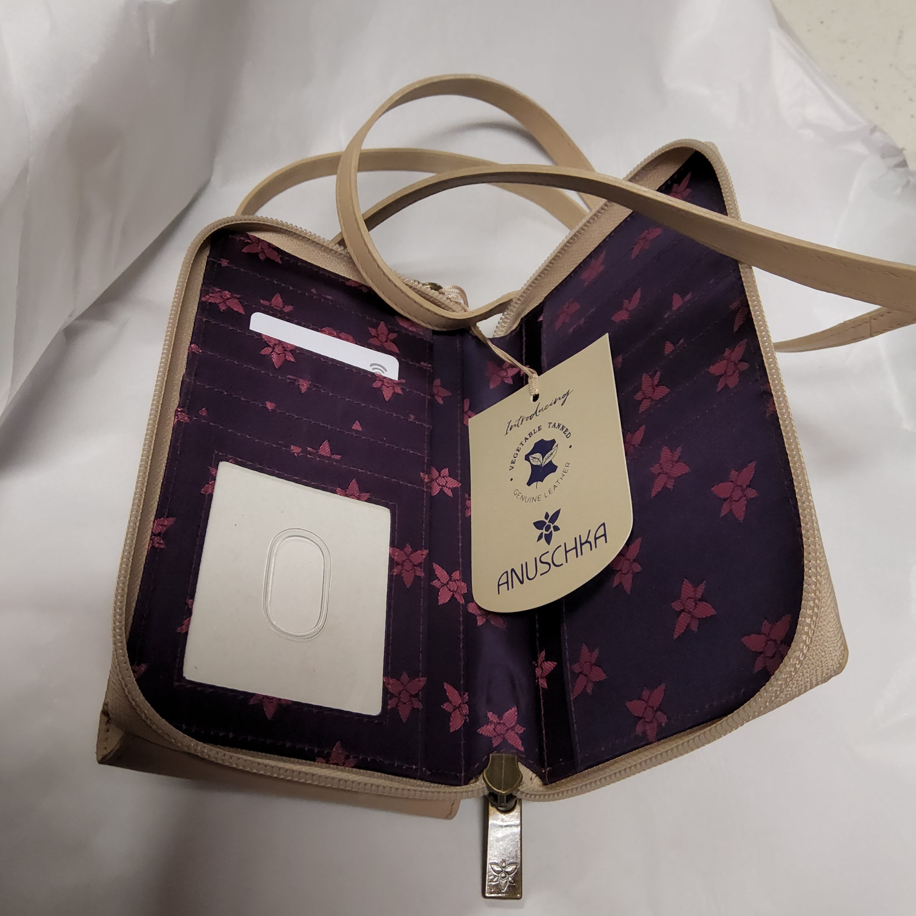 Anuschka Leather Crossbody Phone Case - "Flower Garden - Almond" Hand painted - RFID - 1173-HGB-BLK