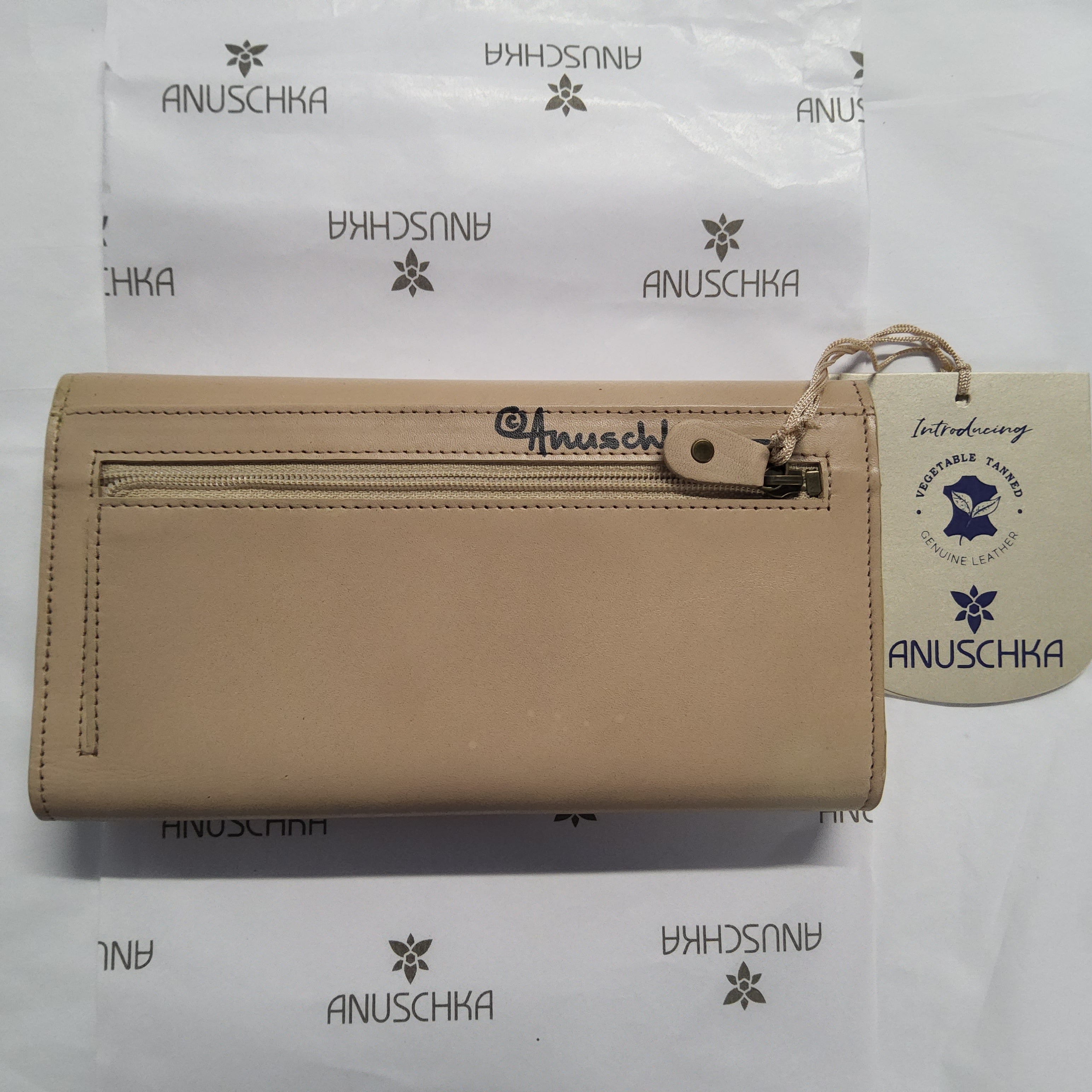 Anuschka Leather Triple Fold Clutch Wallet - "Flower Garden - Almond" Hand painted - RFID 1150-GDN-ALD