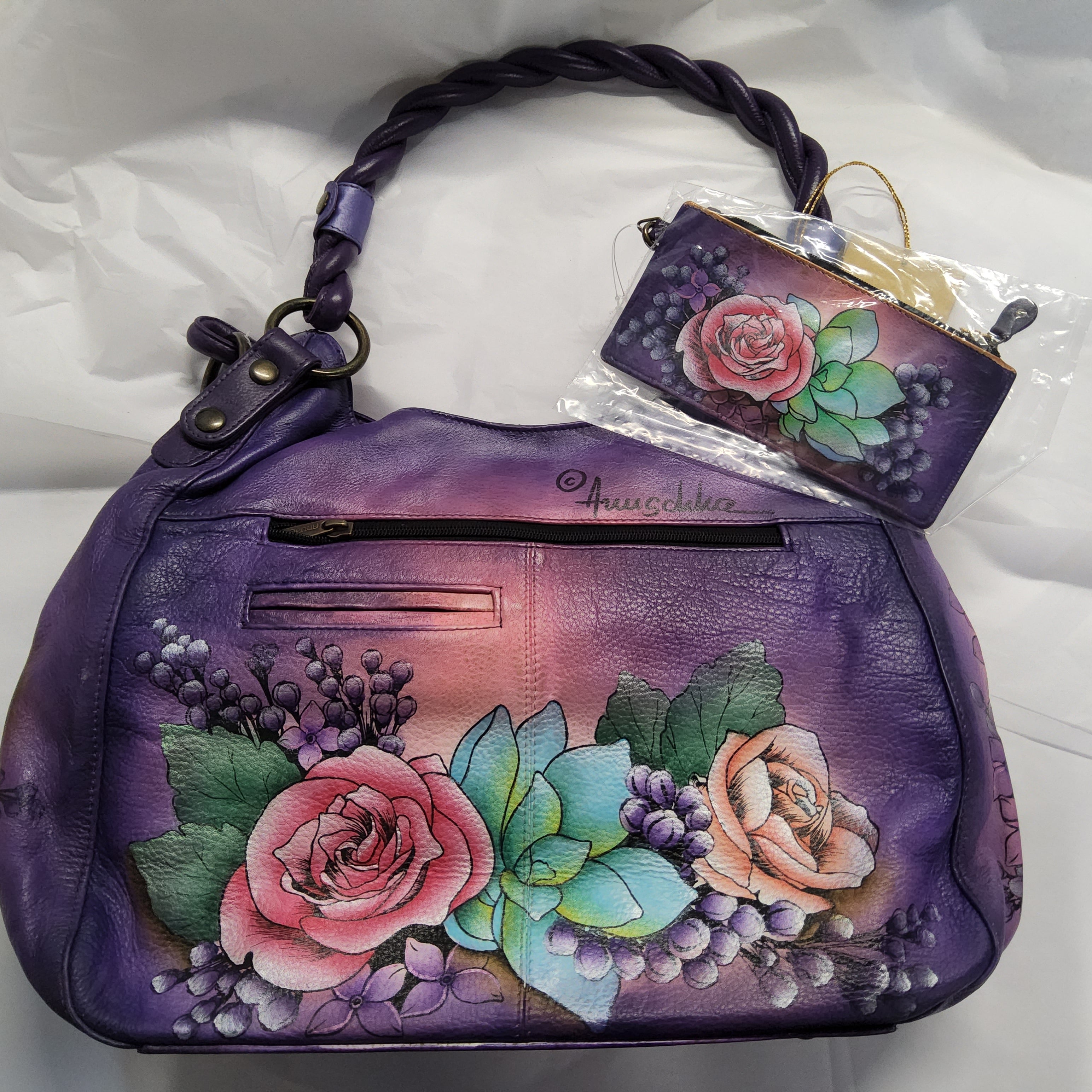 Anuschka Leather Triple Compartment Handbag with Braided Handle - "Lush Lilac" Hand painted - 533-LLC