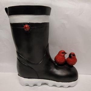 Boot Planter - Black and White Rubber Boot with Two Cardinals QM42451