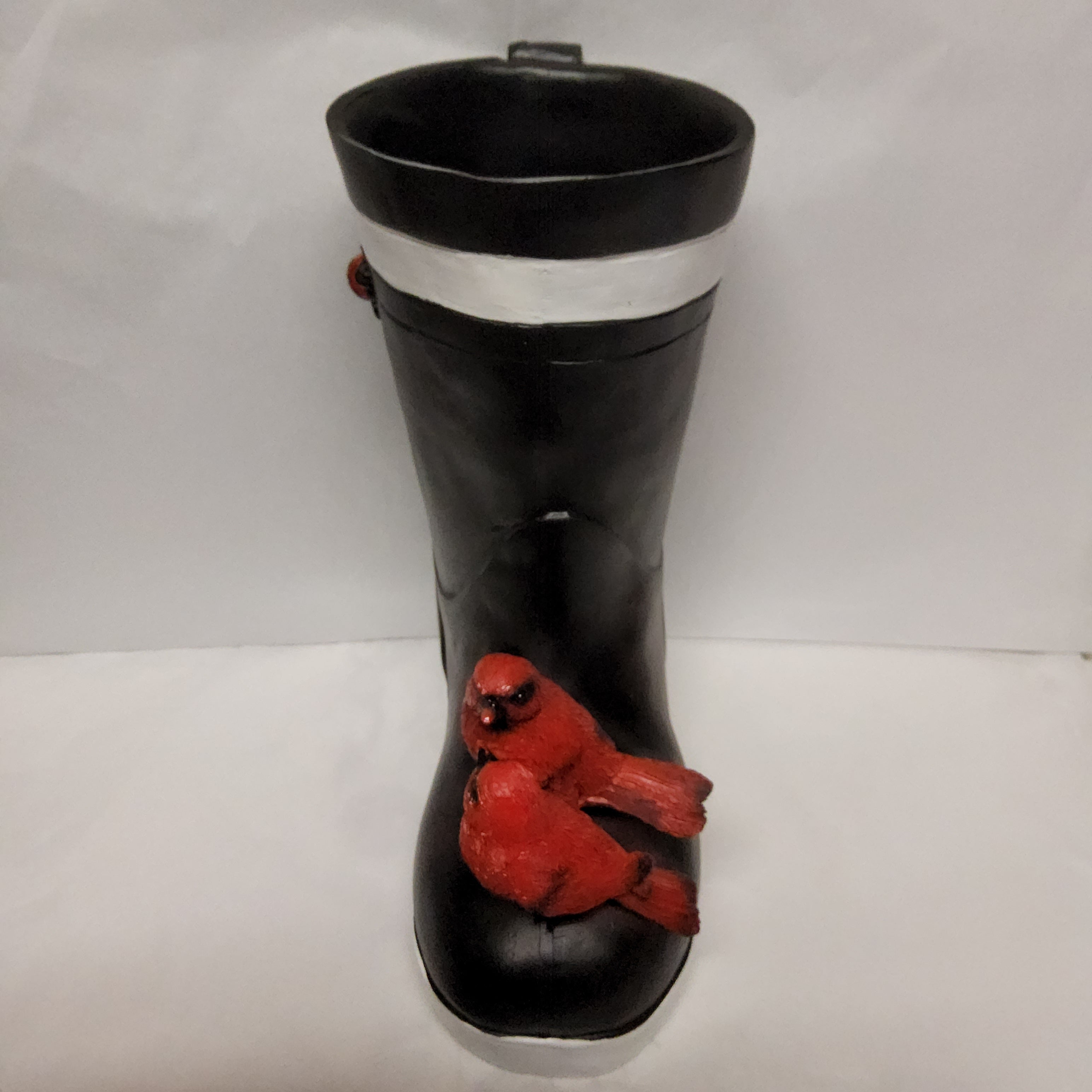 Boot Planter - Black and White Rubber Boot with Two Cardinals QM42451