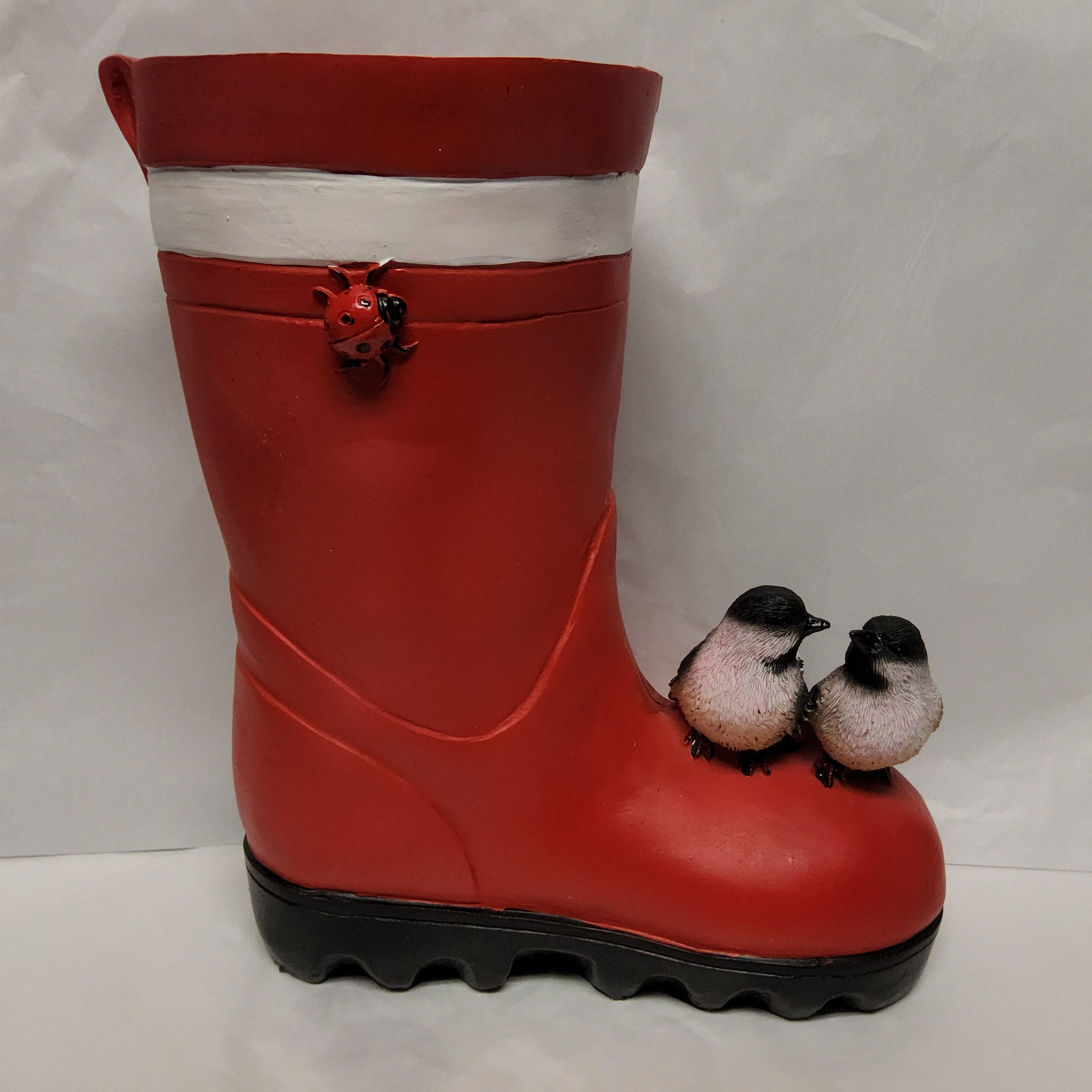 Boot Planter - Red and White Rubber Boot with Two Chickadees QM42450