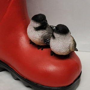 Boot Planter - Red and White Rubber Boot with Two Chickadees QM42450