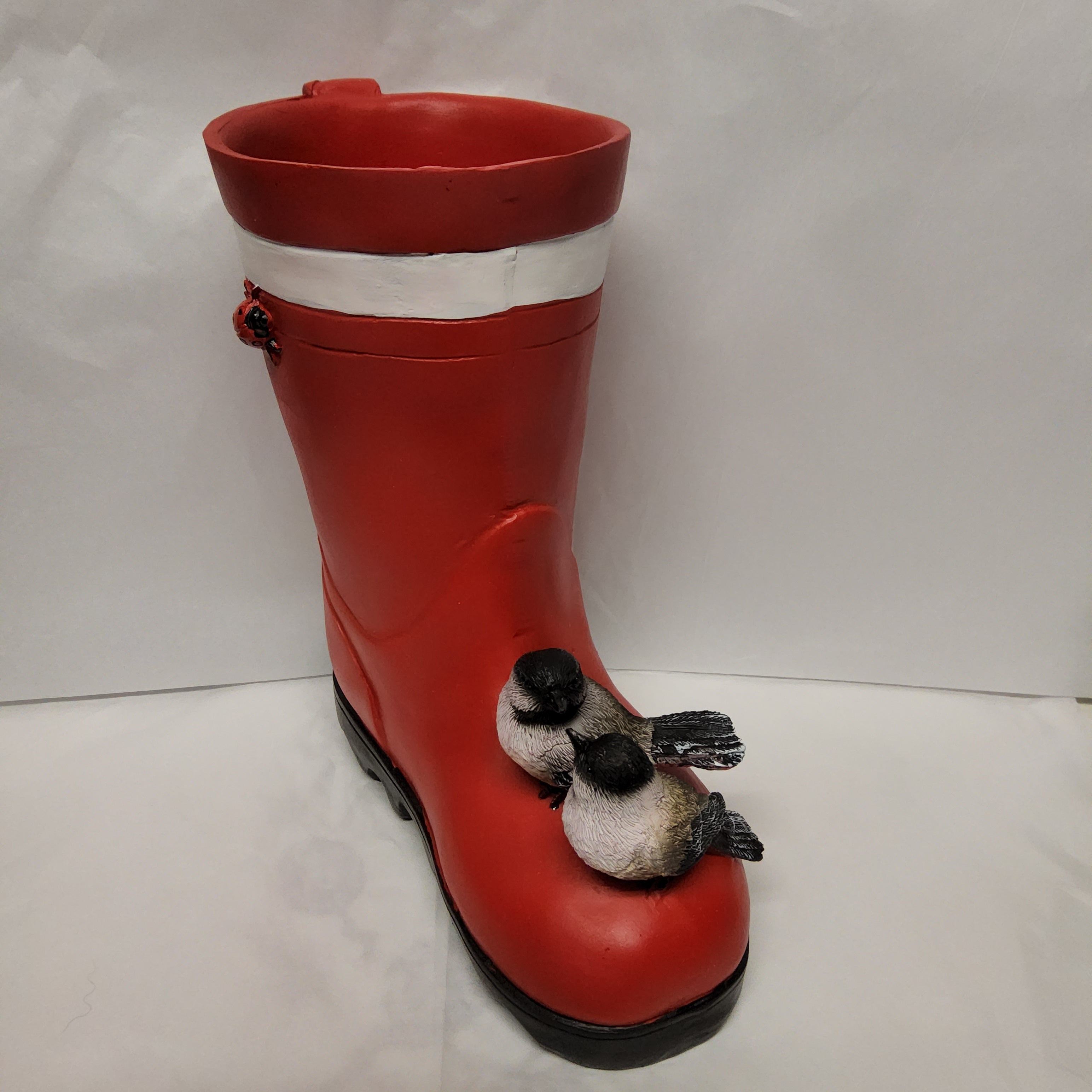 Boot Planter - Red and White Rubber Boot with Two Chickadees QM42450