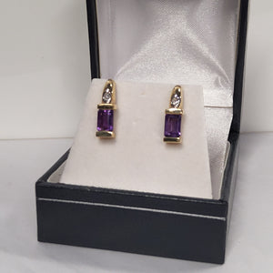 Rectangular Cut Amethyst Earrings with Diamond Accents
