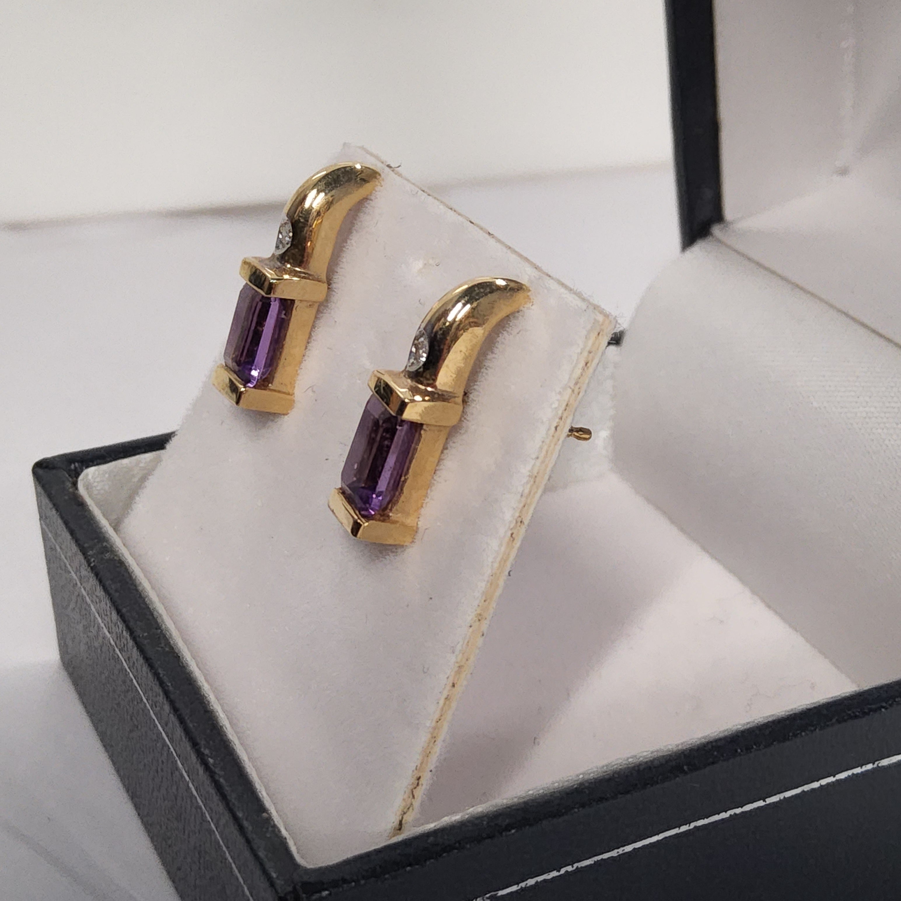 Rectangular Cut Amethyst Earrings with Diamond Accents