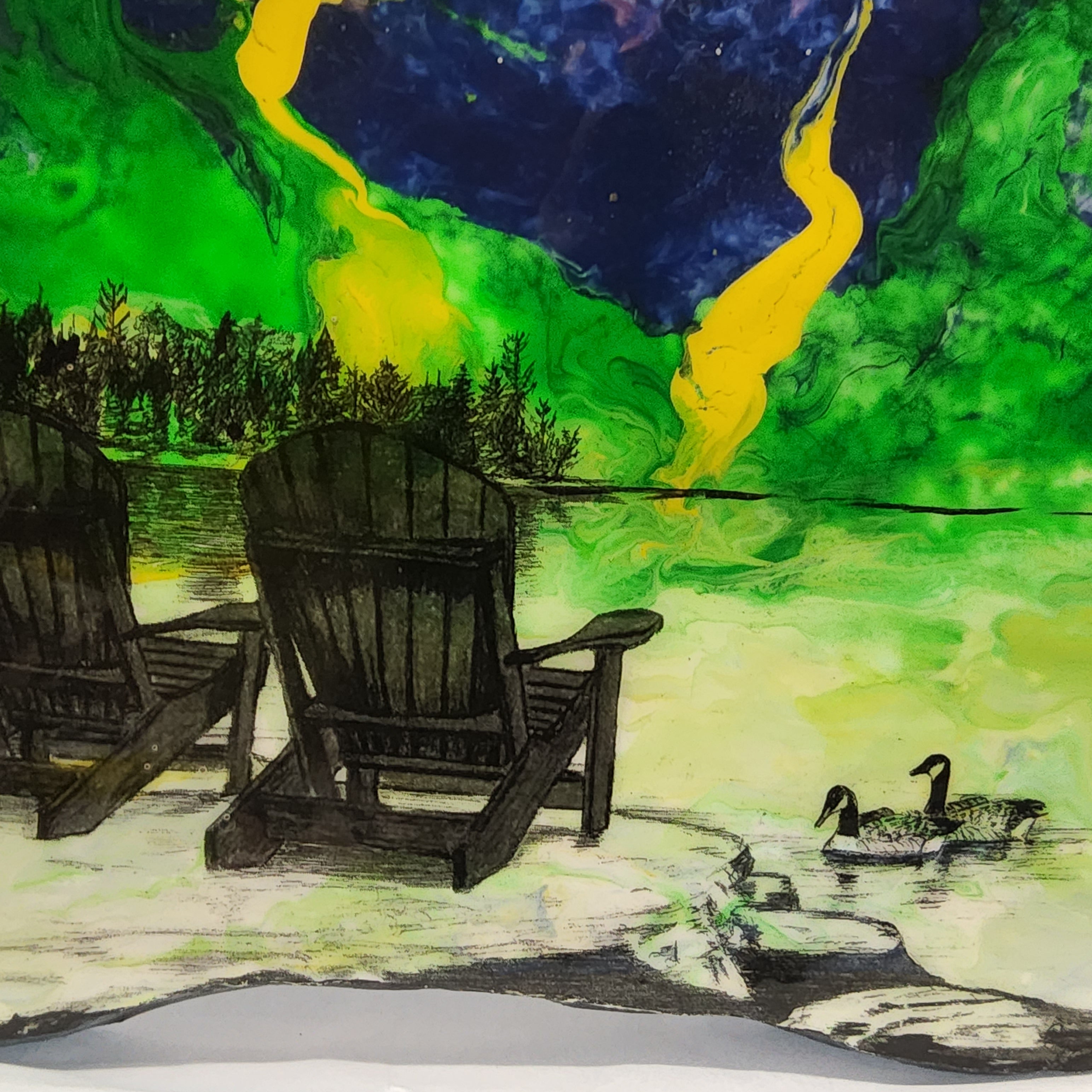 Stone Decor - Muskoka Chairs + Canada Geese Northern Lights Scene - Large - Glossy Finish