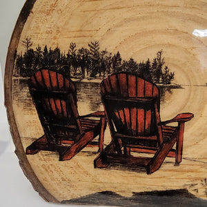 Live Edge Wood Decor - Muskoka Chairs and Canada Geese Lake Scene - Glossy Finish
