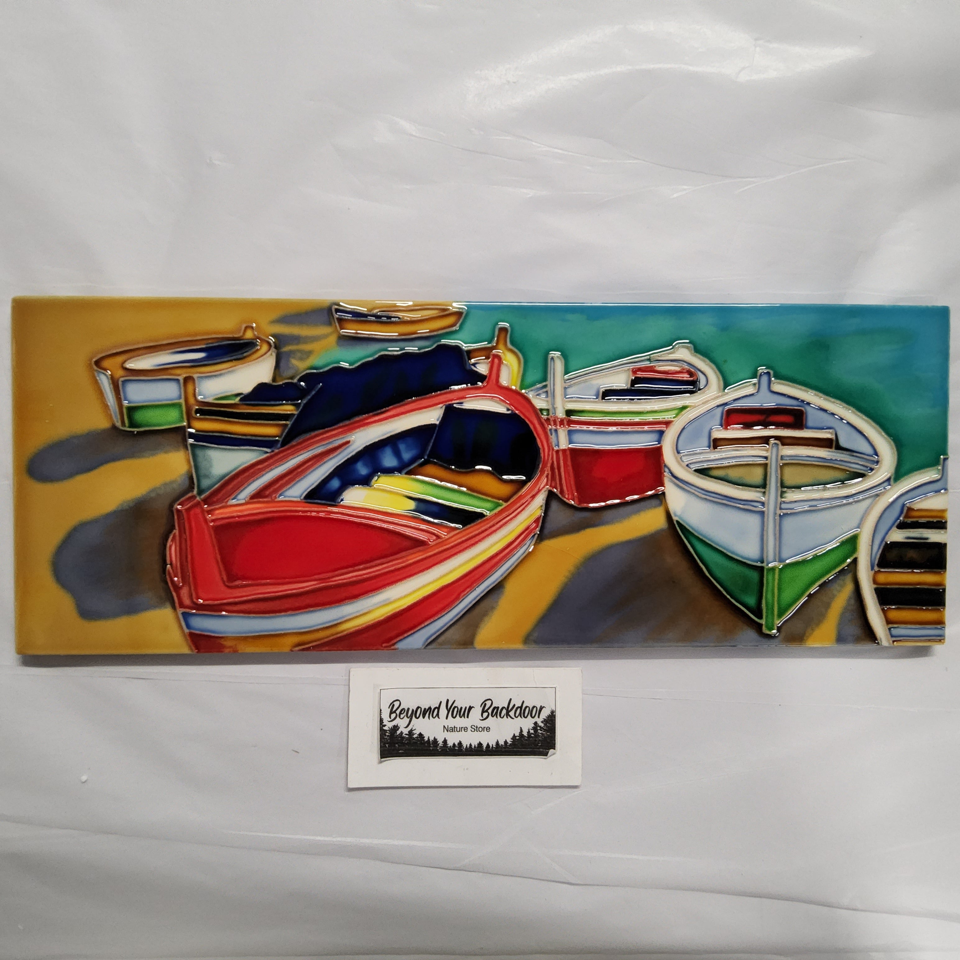 Ceramic Tile Art Plaque - 6x16" - Colourful Boats 520650