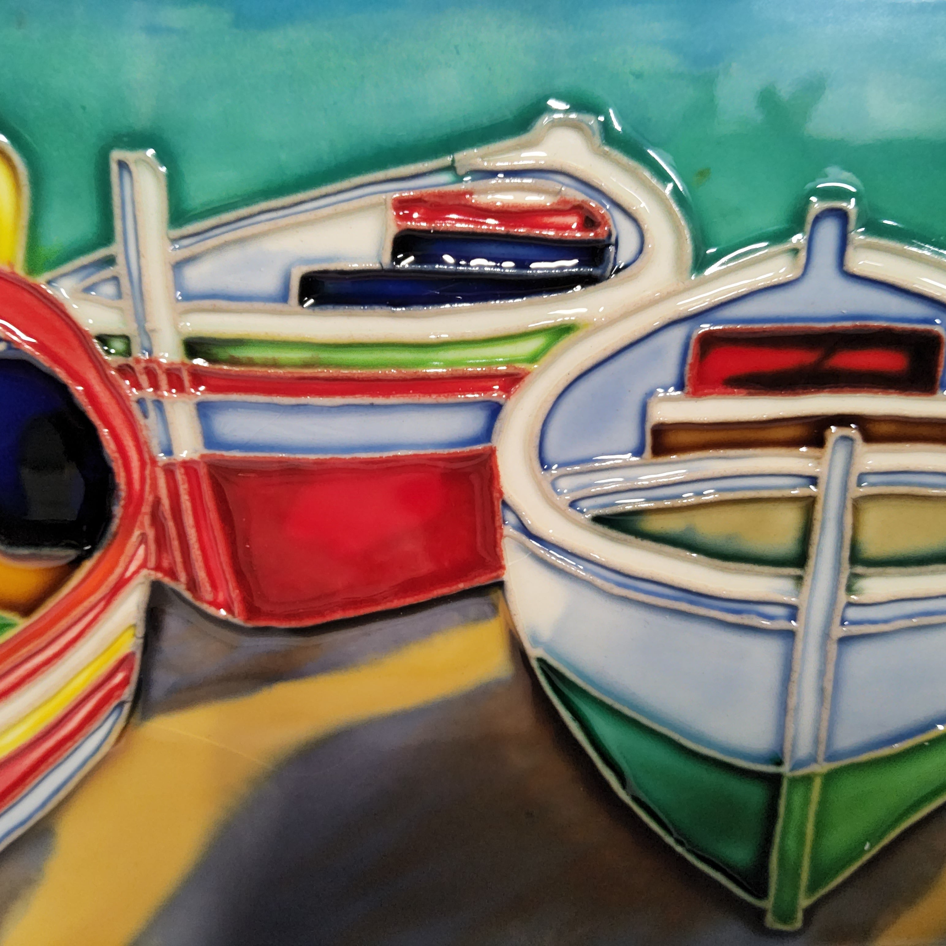Ceramic Tile Art Plaque - 6x16" - Colourful Boats 520650