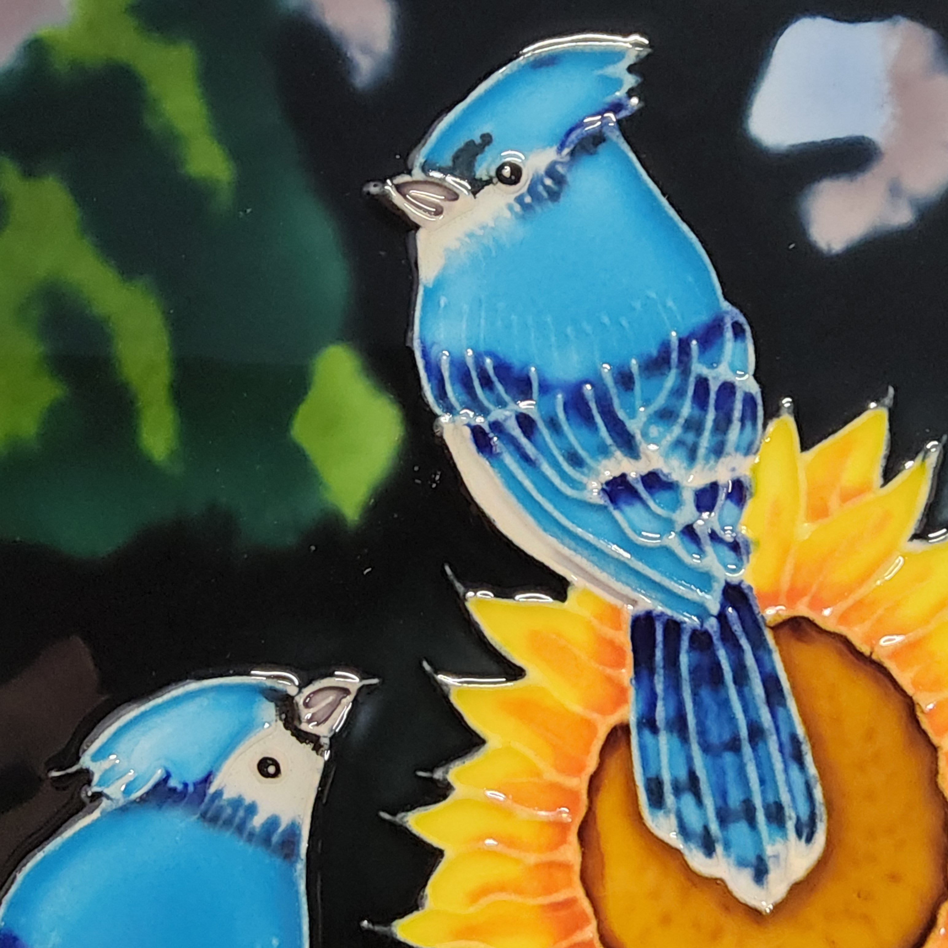 Ceramic Tile Art Plaque - 8x12" - Blue Jays on Sunflowers 231245