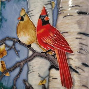 Ceramic Tile Art Plaque - 8x12" - Cardinals in Birch Tree 231240