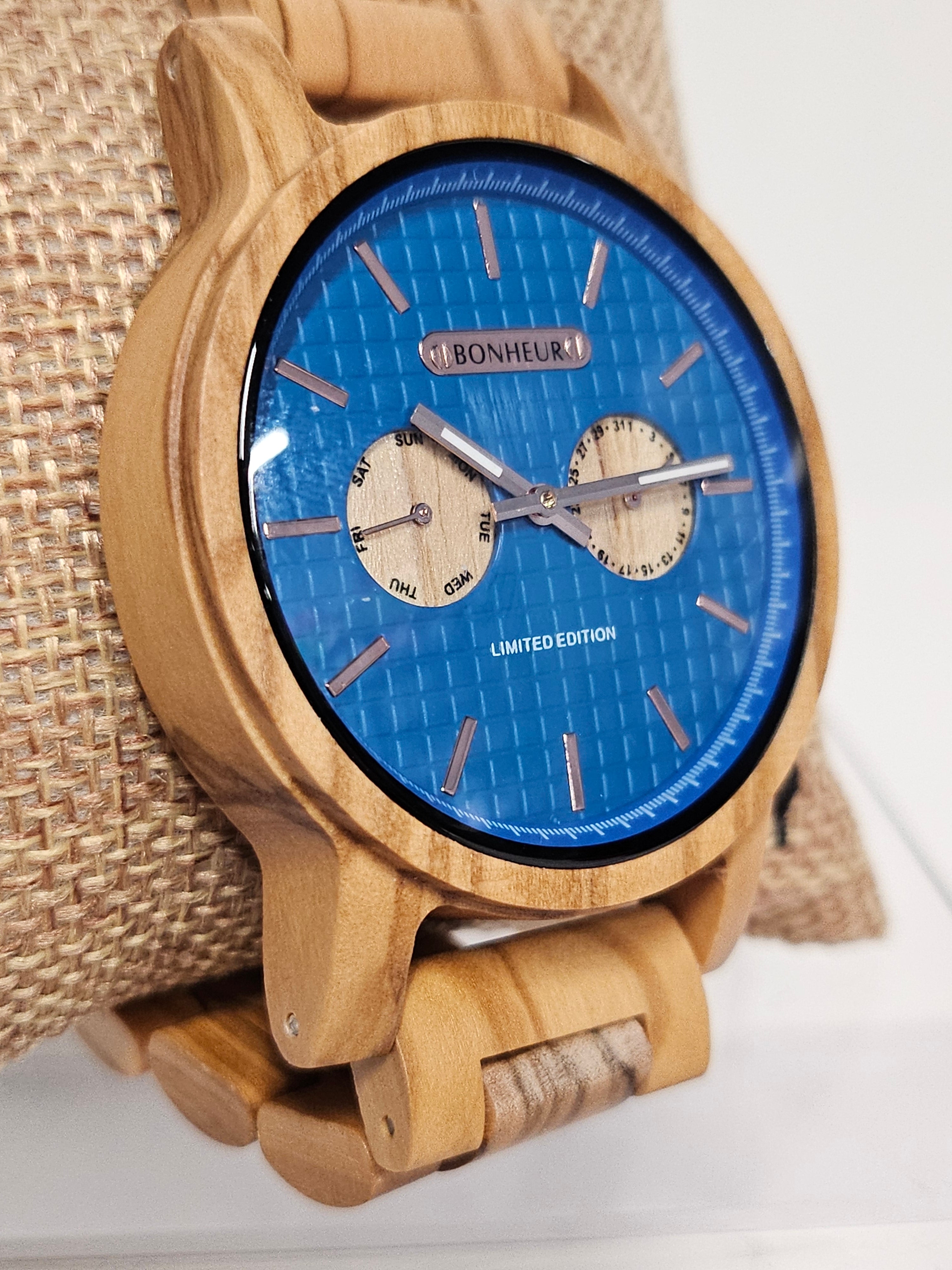 Men's Bonheur Exotic Wood Watch - ZURICH - 2024 (Mediterranean Olive Wood 44mm)