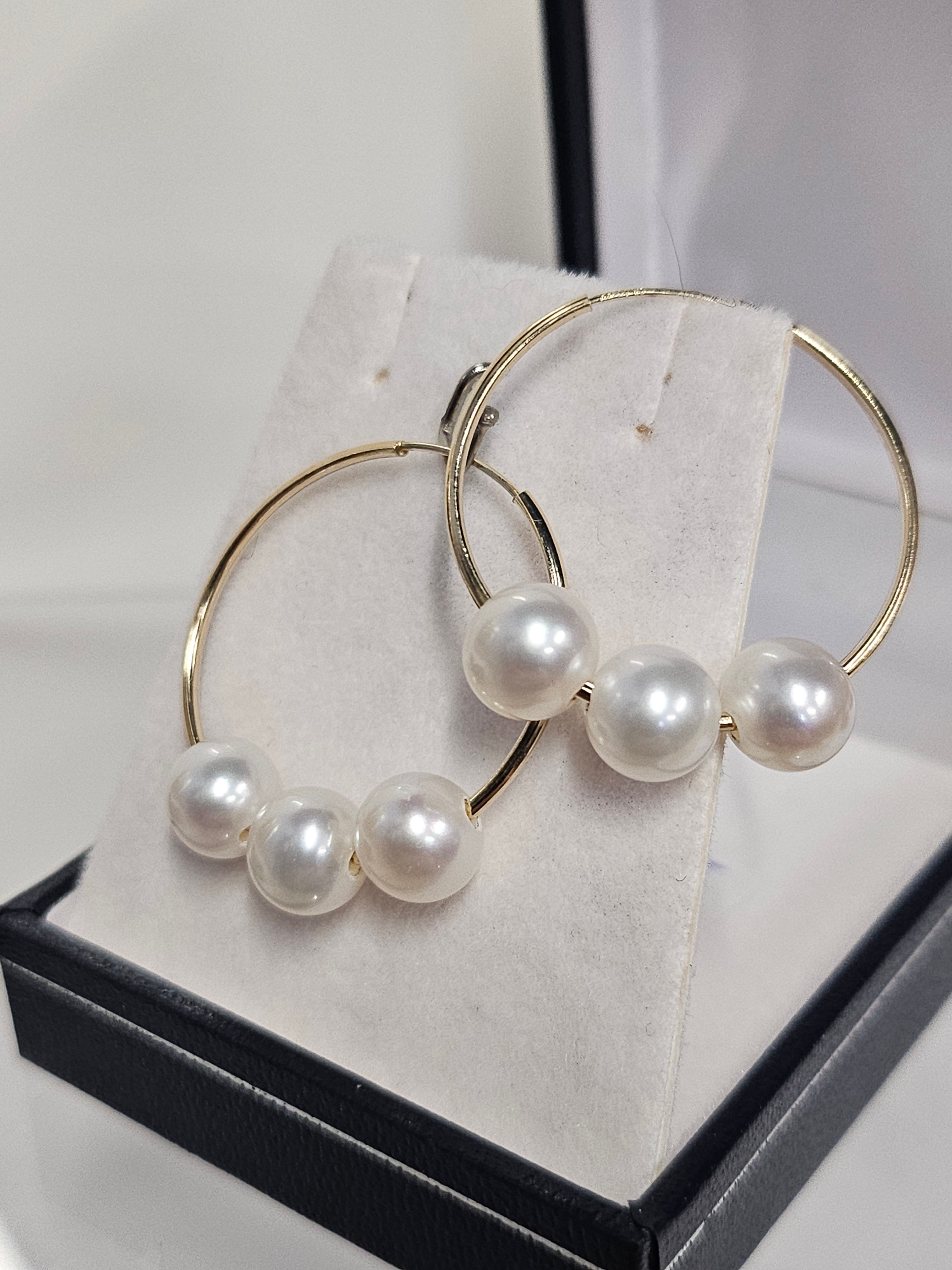 Yellow Gold Hoop Earrings 25mm with Pearls - 14Kt - XF793E