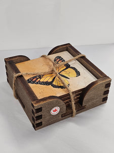 Wood Coaster Set in Wood Holder - Monarch Butterfly - 01H-070