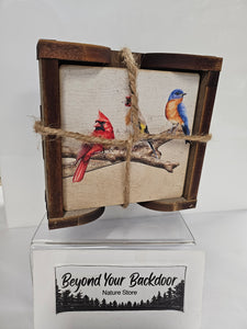 Wood Coaster Set in Wood Holder - Birds - 01H-030