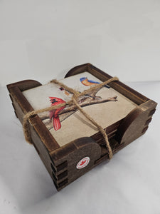 Wood Coaster Set in Wood Holder - Birds - 01H-030