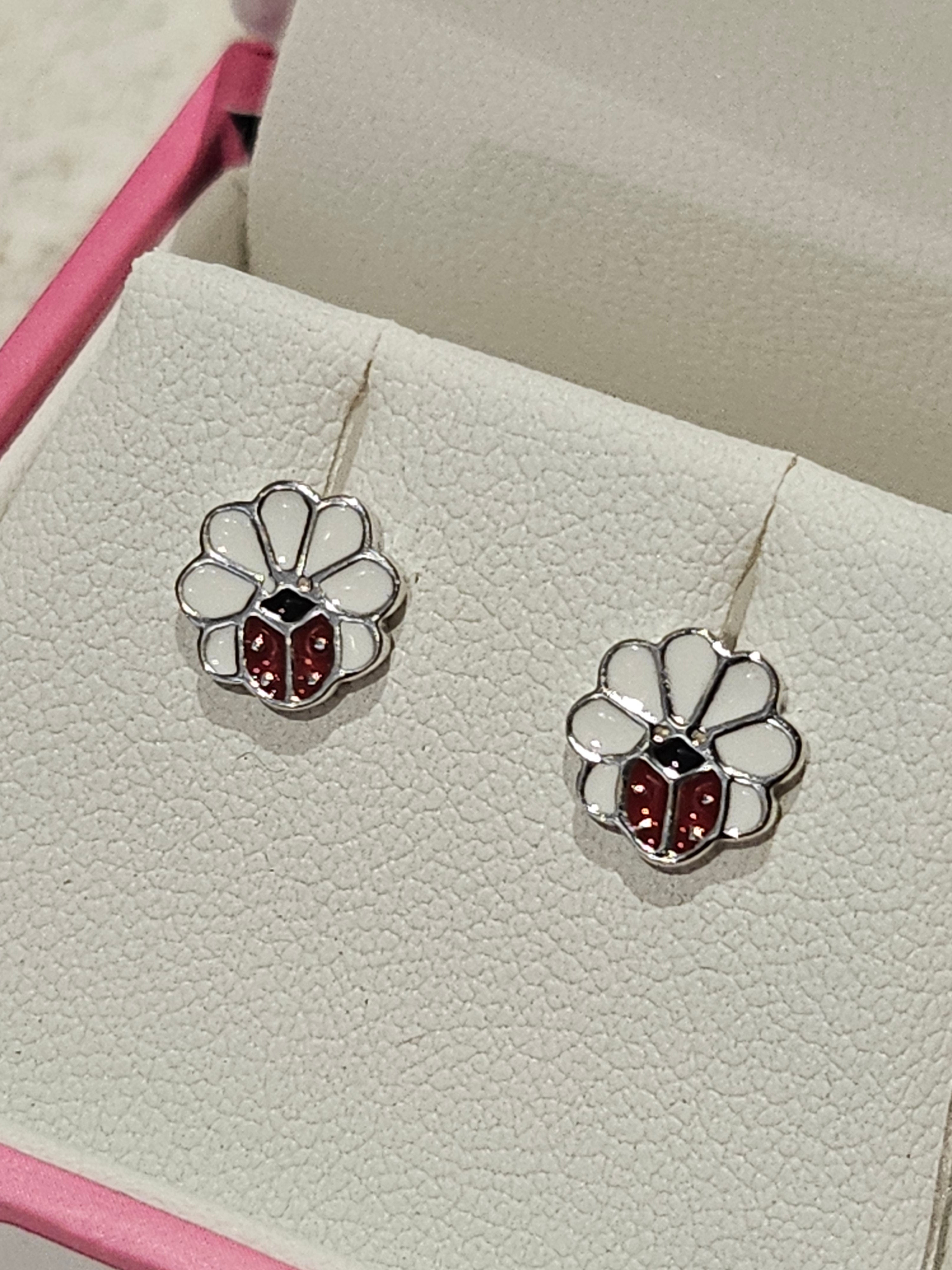 Children's Sterling Silver Earrings - White Flower with Ladybug - SR-14-S