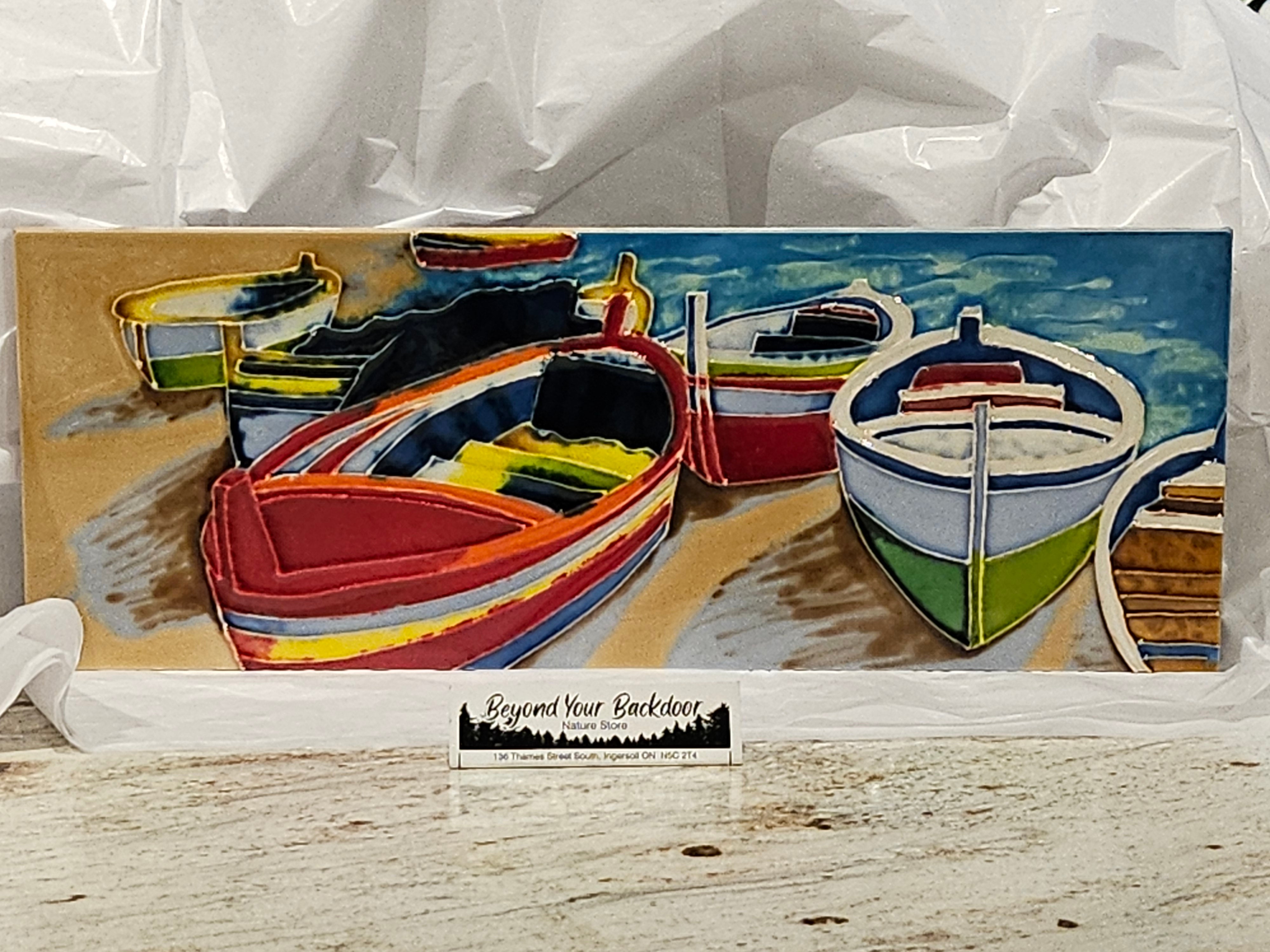 Ceramic Tile Art Plaque - 6x16" - Colourful Boats - 520650