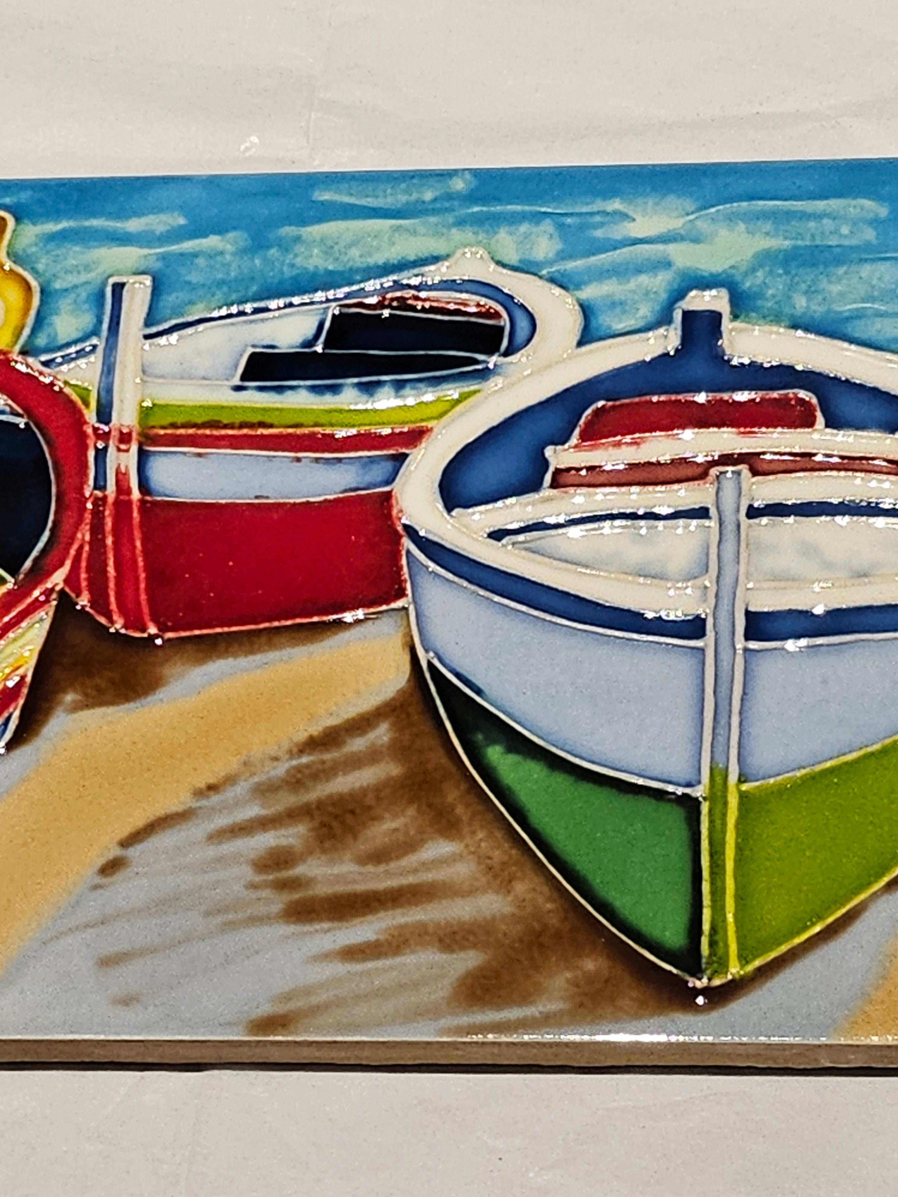 Ceramic Tile Art Plaque - 6x16" - Colourful Boats - 520650