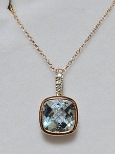 Cushion Cut Blue Topaz Pendant with Diamonds - Rose Gold - PPE1876