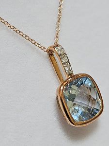 Cushion Cut Blue Topaz Pendant with Diamonds - Rose Gold - PPE1876