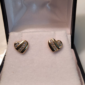 Gold Stud Earrings - Heart with cubic zirconia design - $290