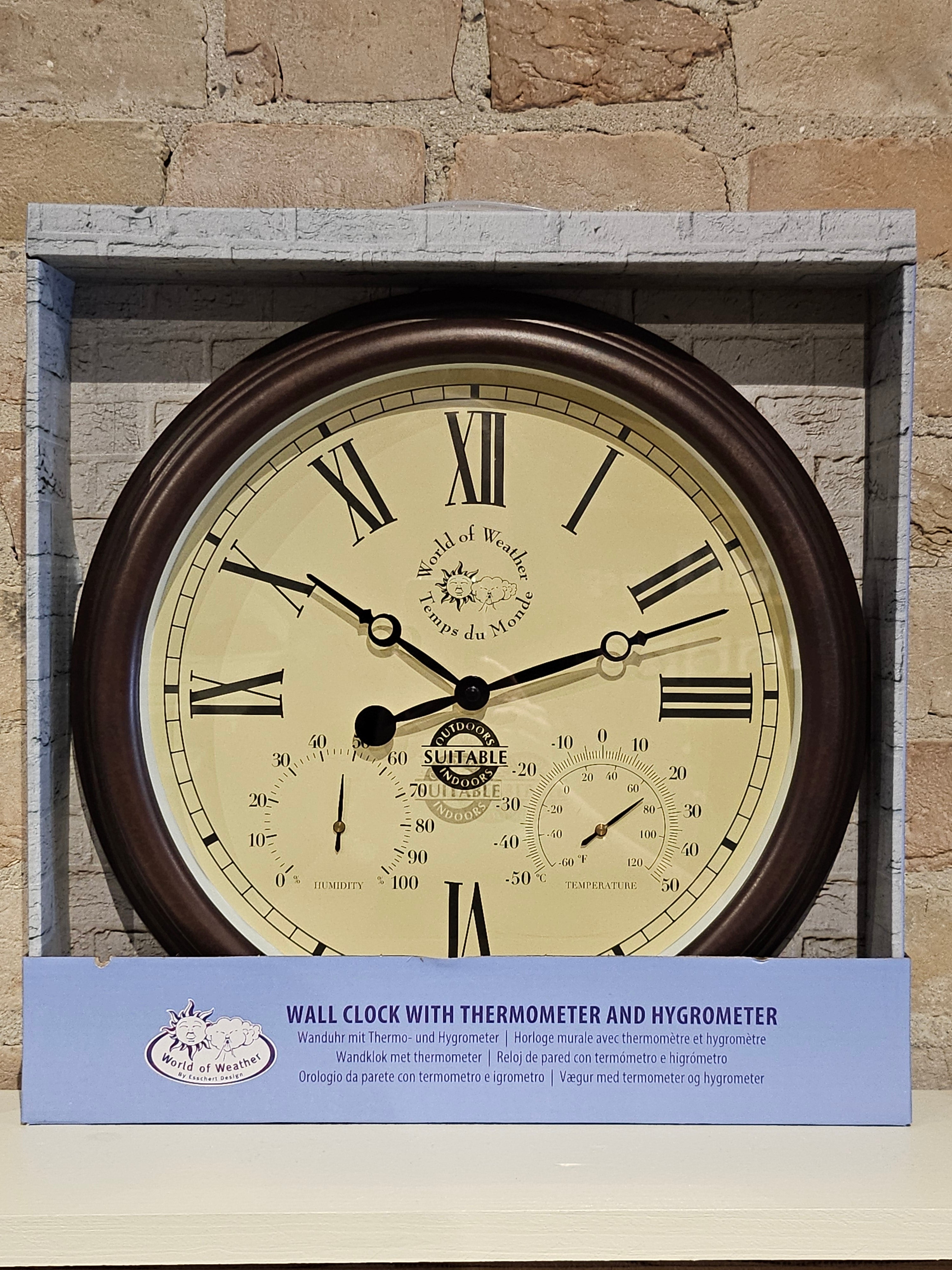 Indoor/Outdoor Wall Clock with Thermometer and Hygrometer (Roman Numerals) - TF009