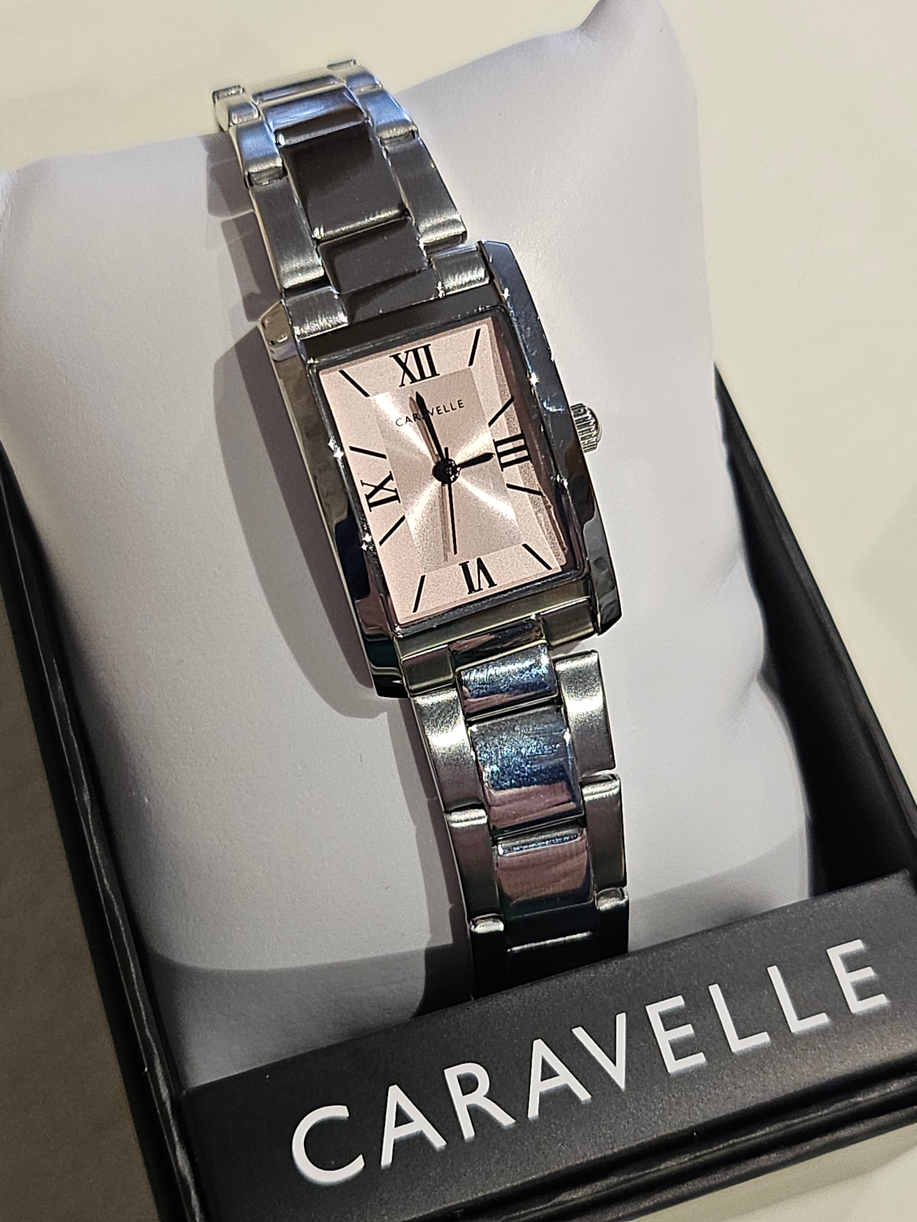 Caravelle Stainless Steel Watch - Rectangular with Pink Face - Ladies - 43L224