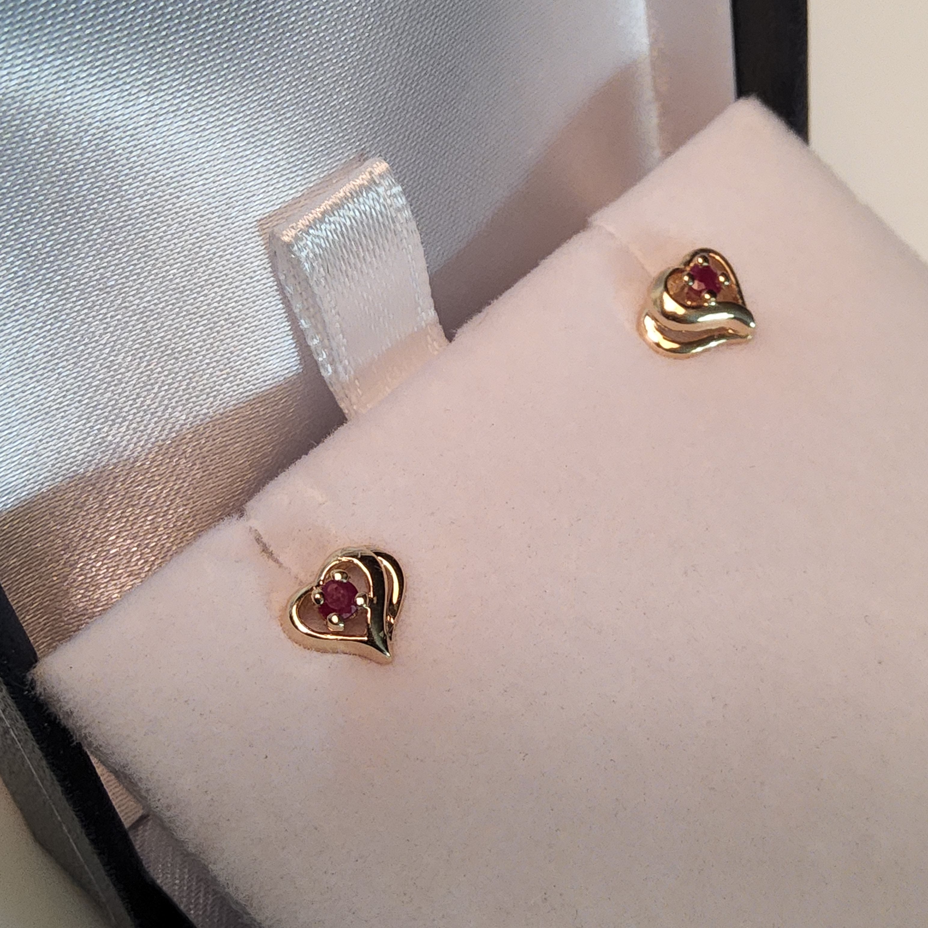 Round Cut Ruby Earrings - Double Inset Hearts - Yellow Gold - E1123