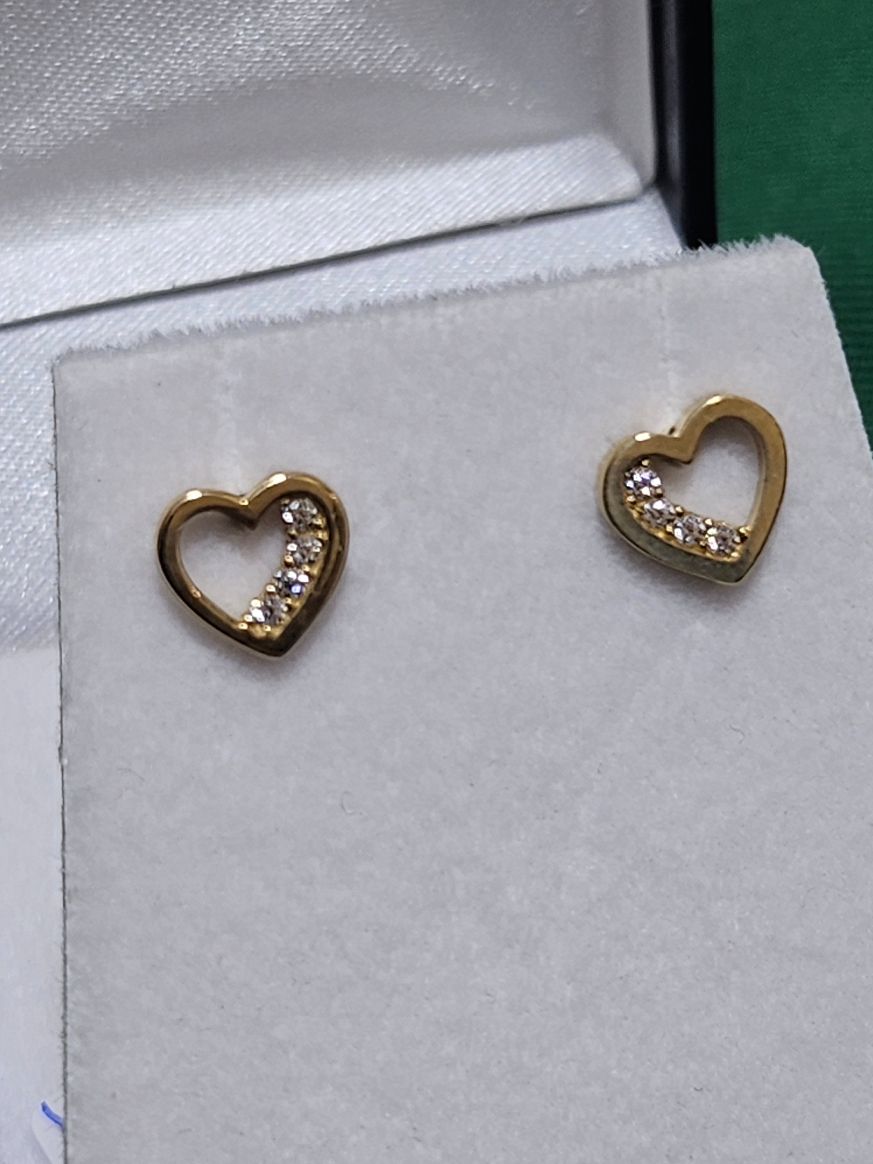 Gold Stud Earrings - Heart with cubic zirconia accent - 198