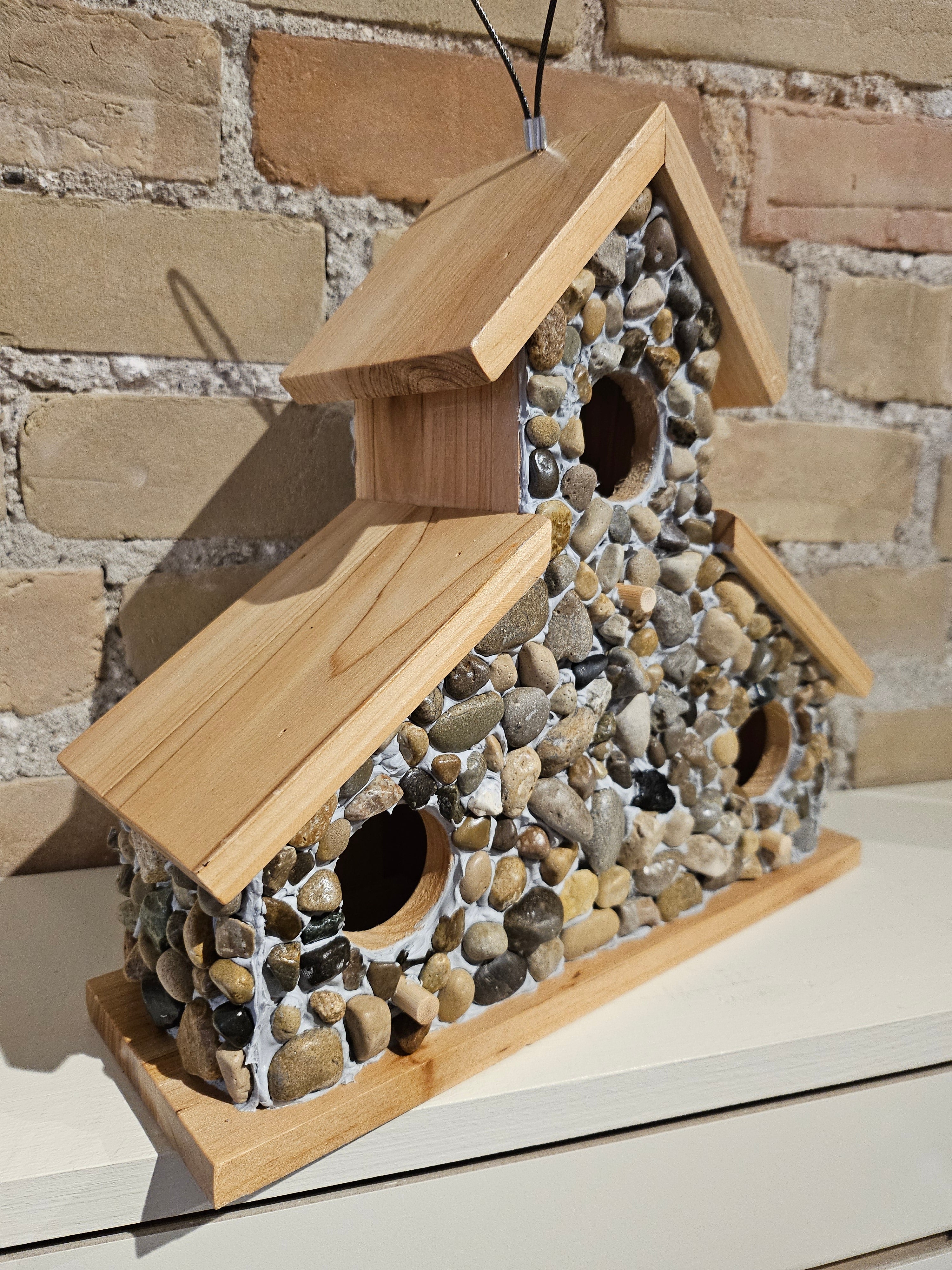 Birdhouse - Triple Entrance + Stones  - Wood Roof