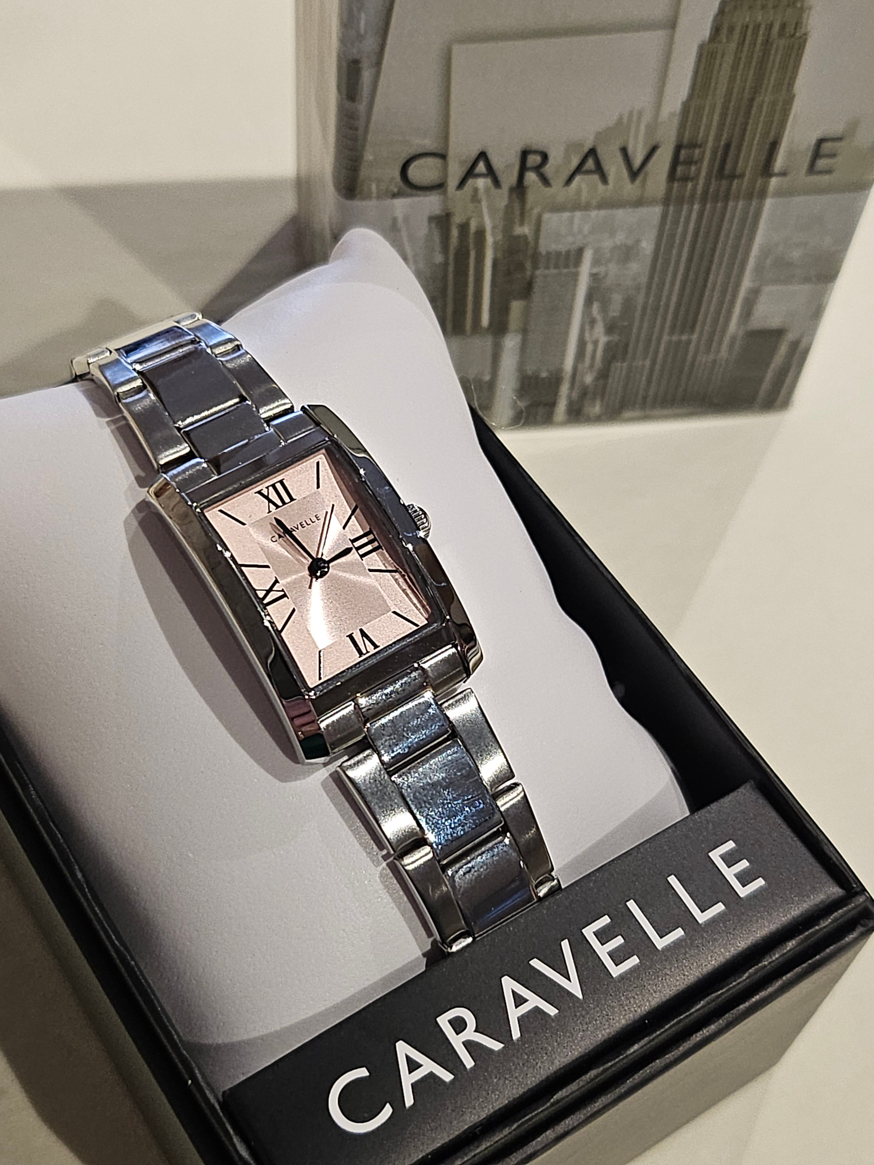 Caravelle Stainless Steel Watch - Rectangular with Pink Face - Ladies - 43L224