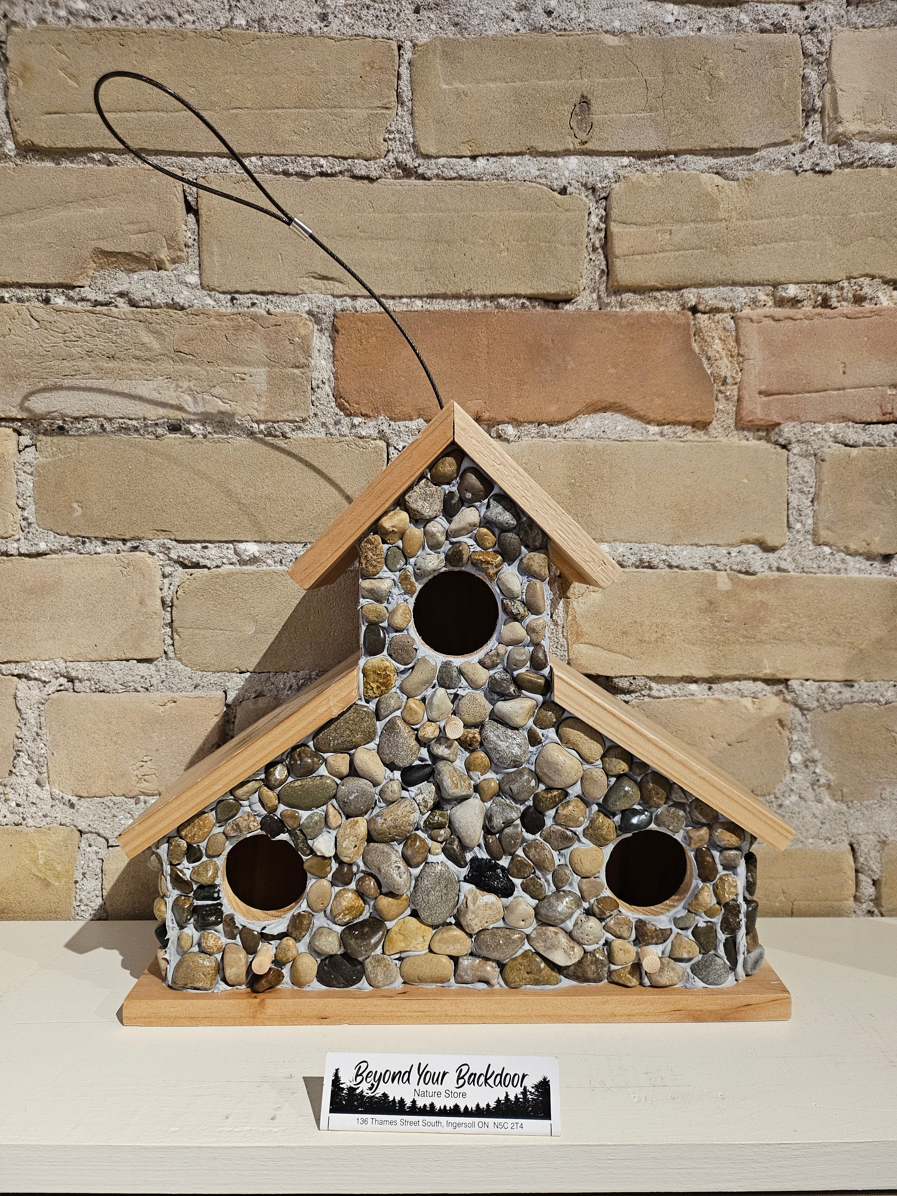 Birdhouse - Triple Entrance + Stones  - Wood Roof