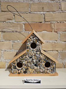 Birdhouse - Triple Entrance + Stones  - Wood Roof