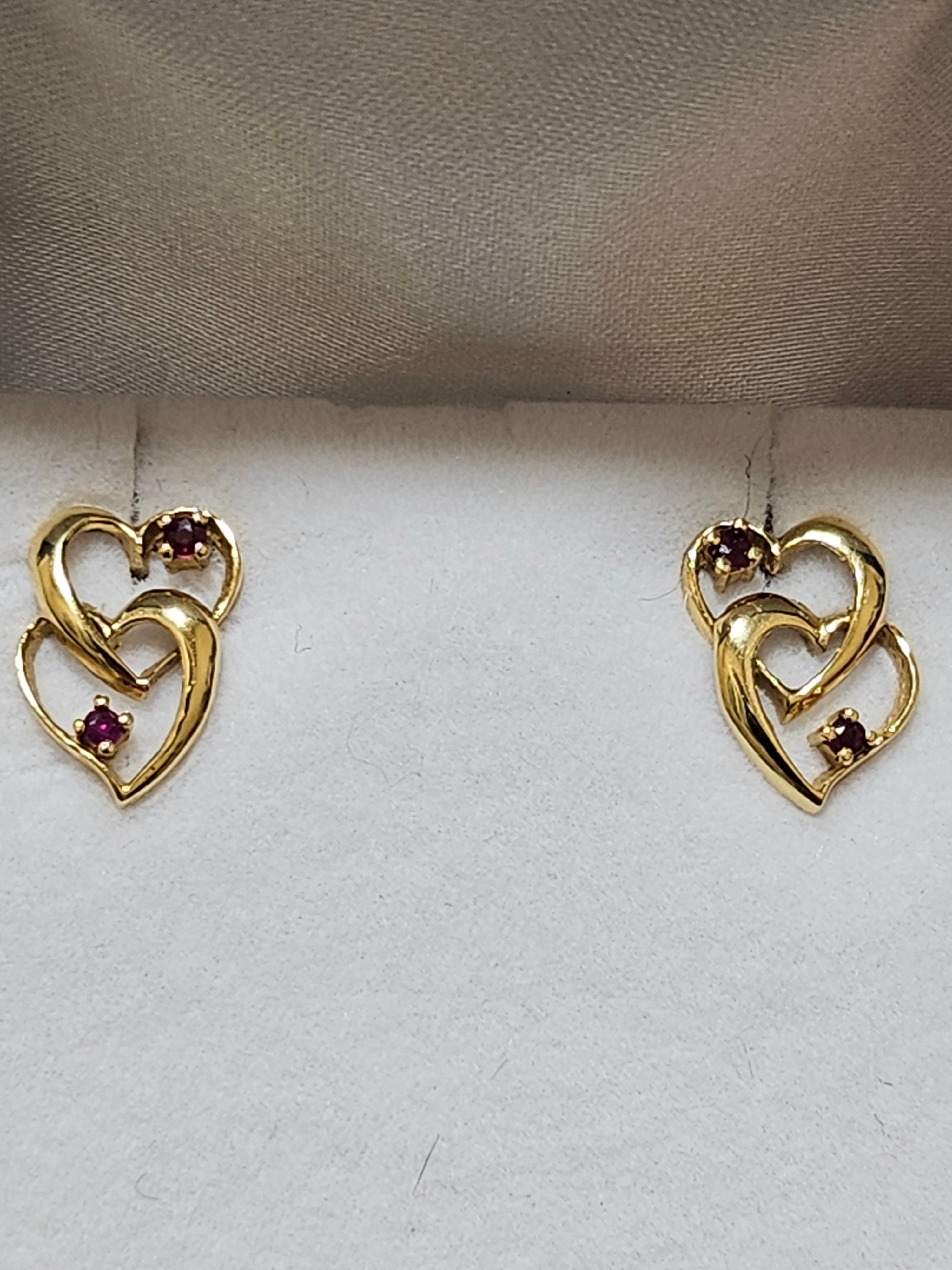 Round Cut Ruby Earrings - Double Hearts - Yellow Gold - E1171