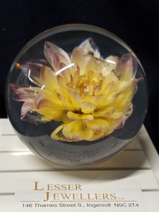 Glass Paperweight with Yellow Dahlia