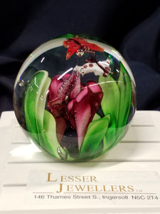 Glass Paperweight - Butterflies + Flower