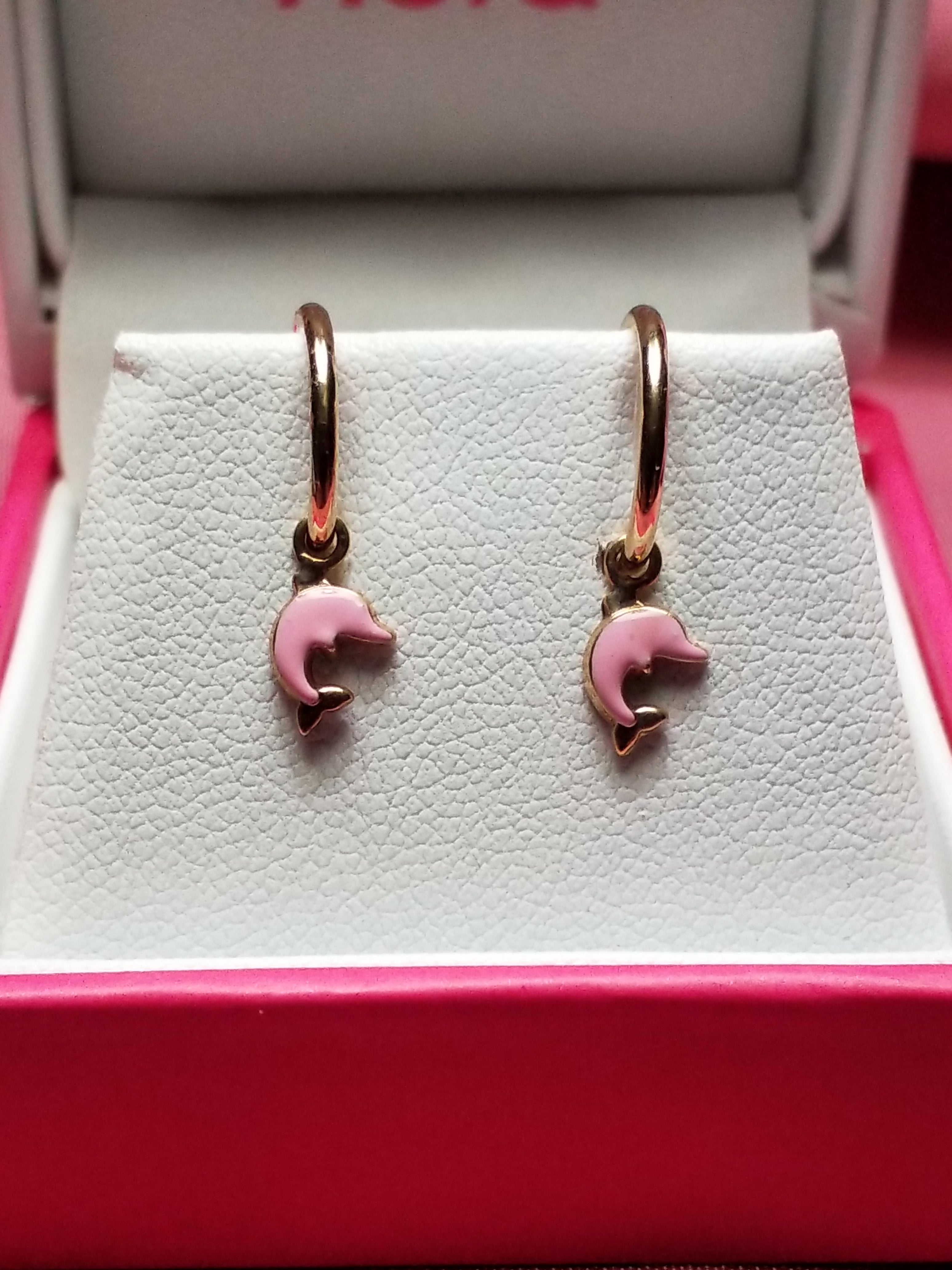 Children's 10kt Earrings - Pink Dangle Dolphins