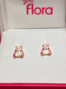 Children's 10kt Earrings - White and Pink Bears - Screw Backs