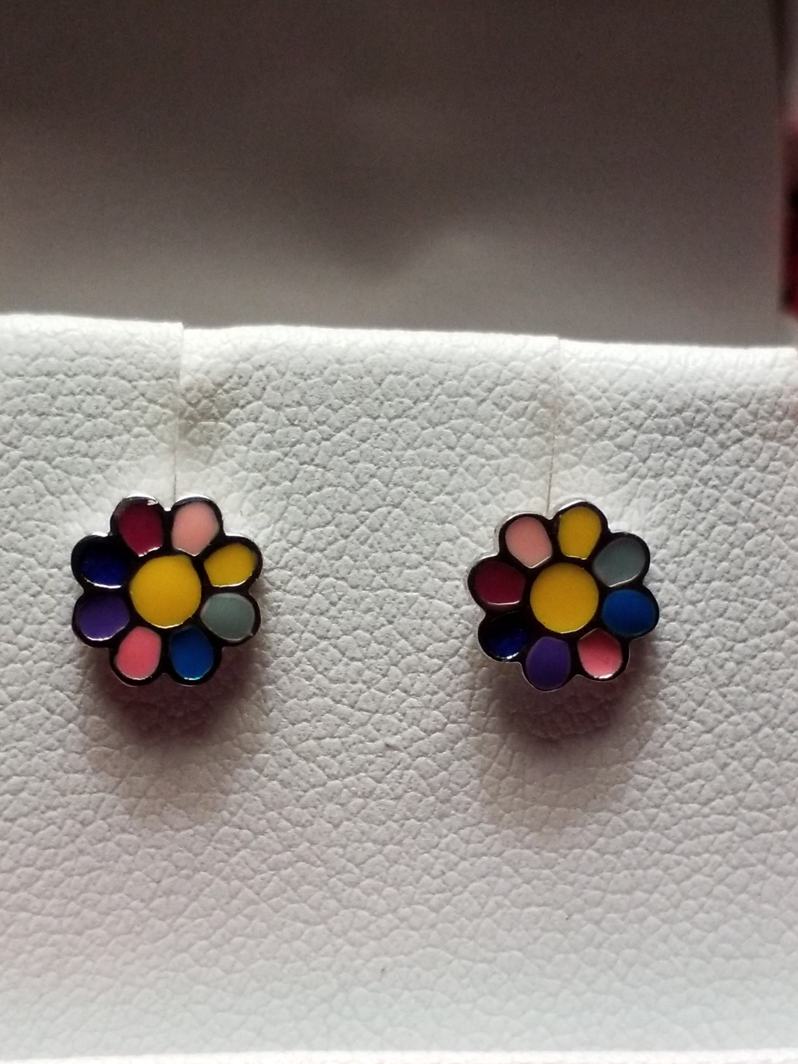 Children's Sterling Silver Earrings - Floral - Multi-Colour Design
