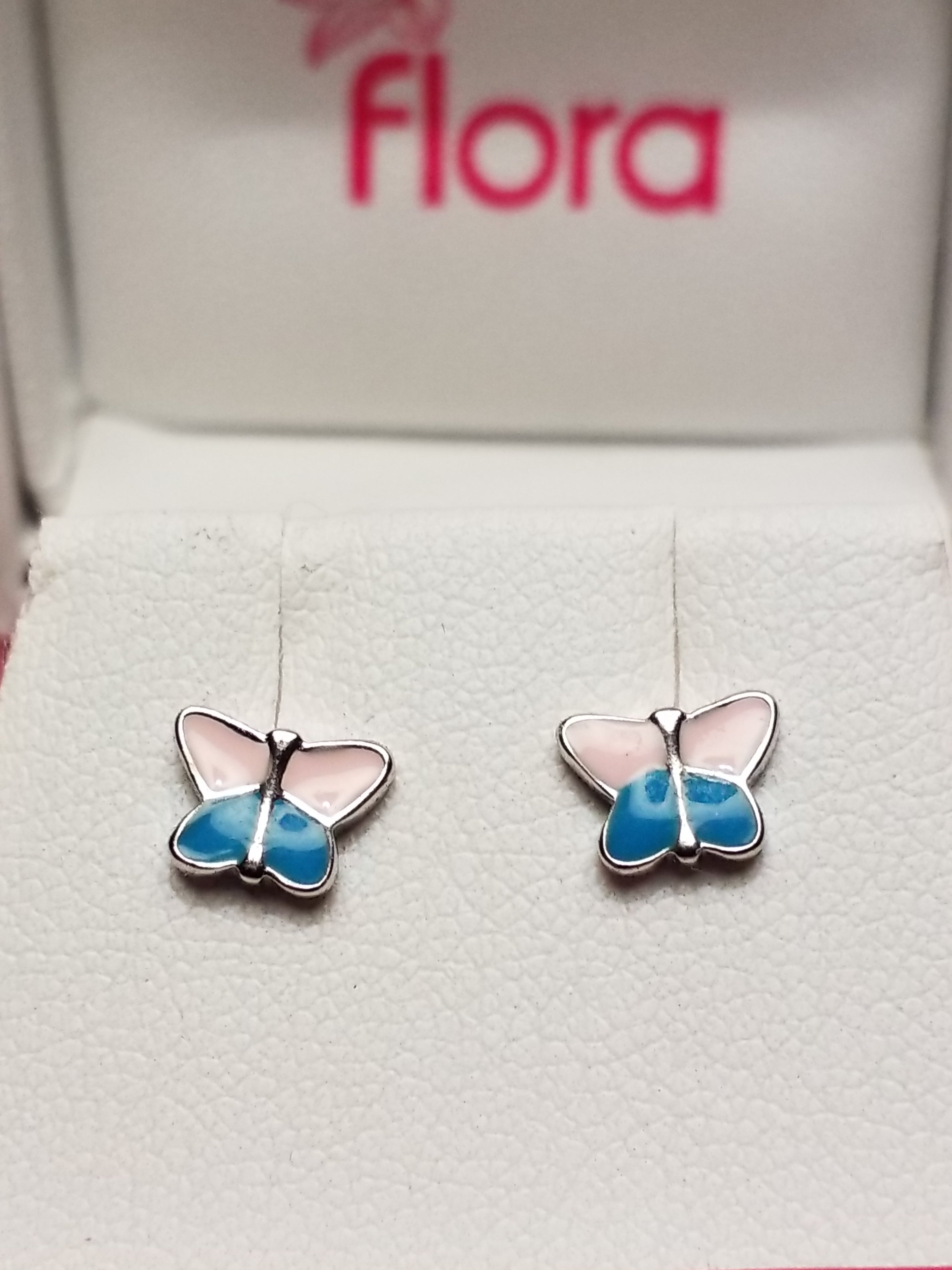 Children's Sterling Silver Earrings - Pink and Blue Butterflies