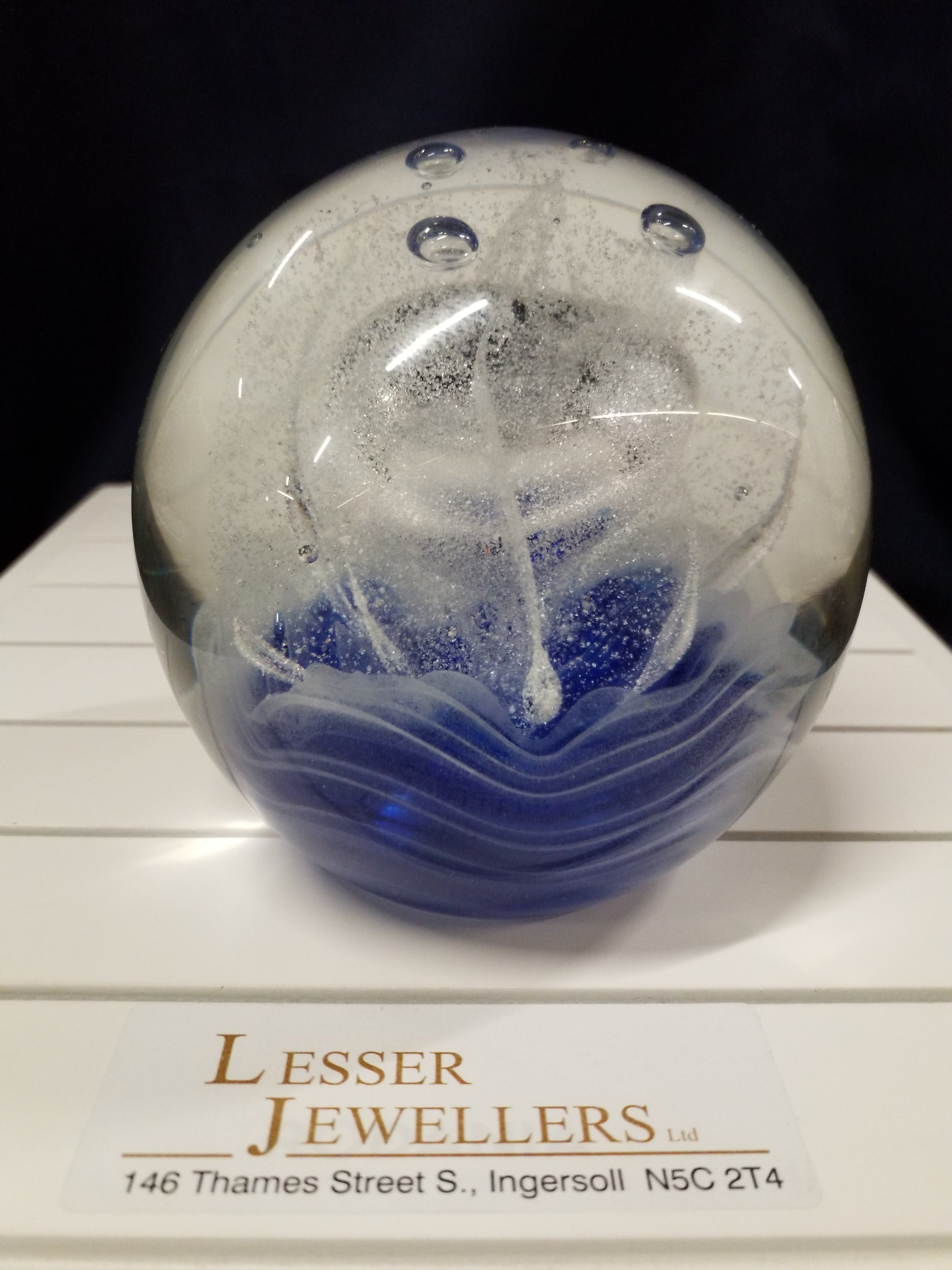 Glass Paperweight - Round - Blue and White
