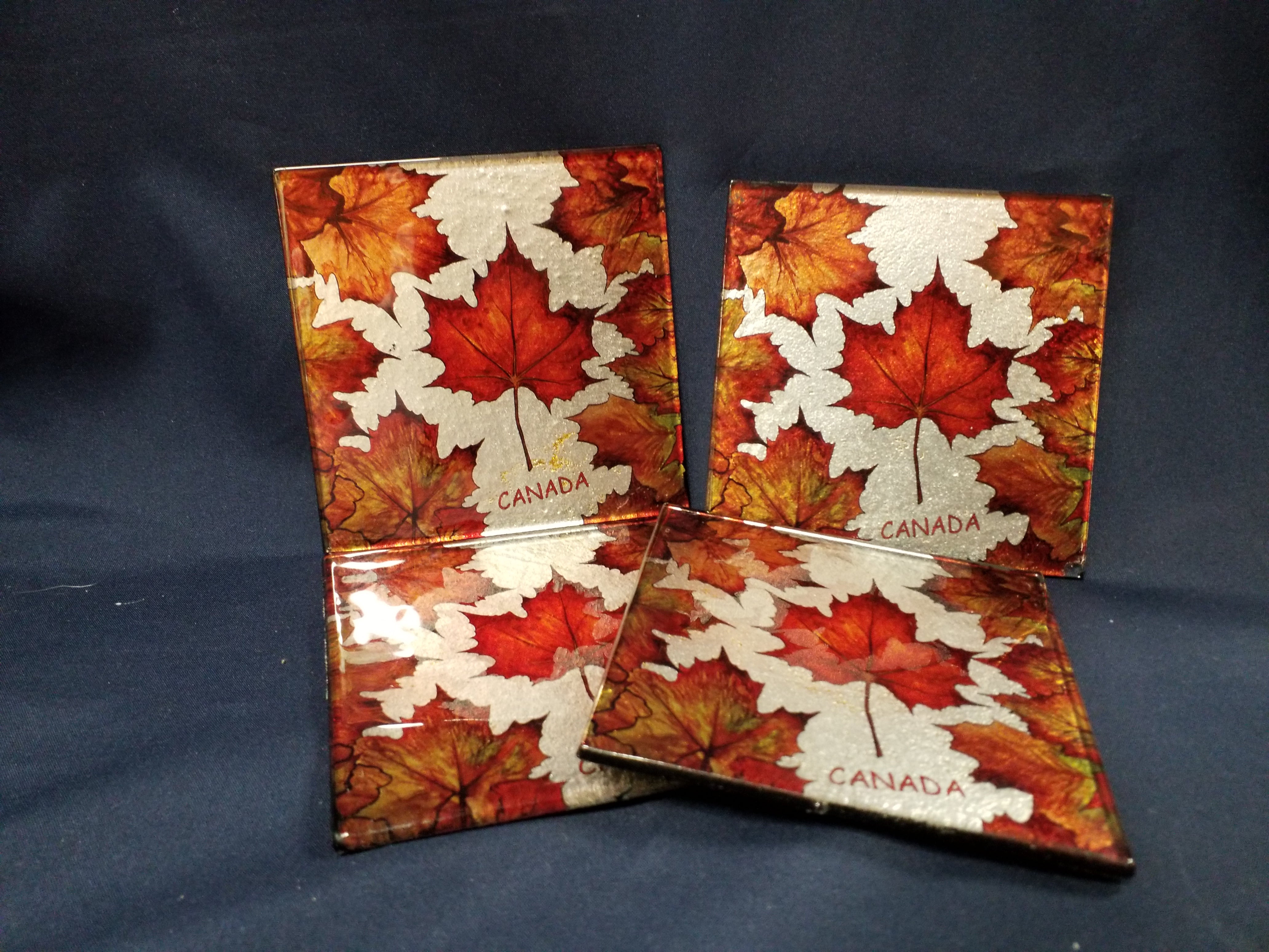 Coaster Set - Red Maple Leaves - Canada - Glass - Set of Four