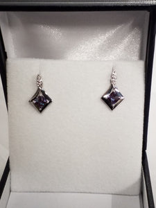 Checkerboard Cut Created Alexandrite Earrings with Diamonds
