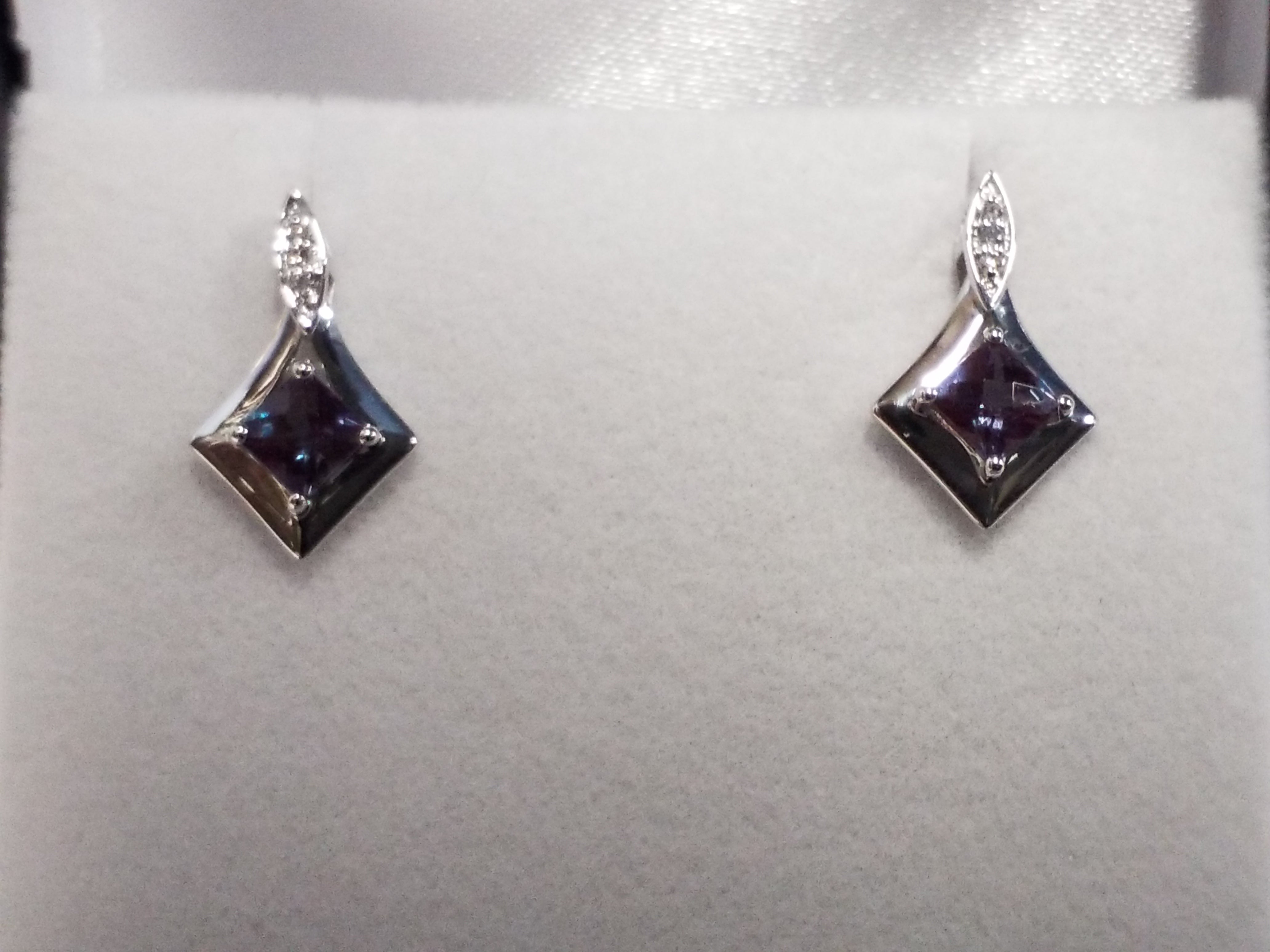 Checkerboard Cut Created Alexandrite Earrings with Diamonds