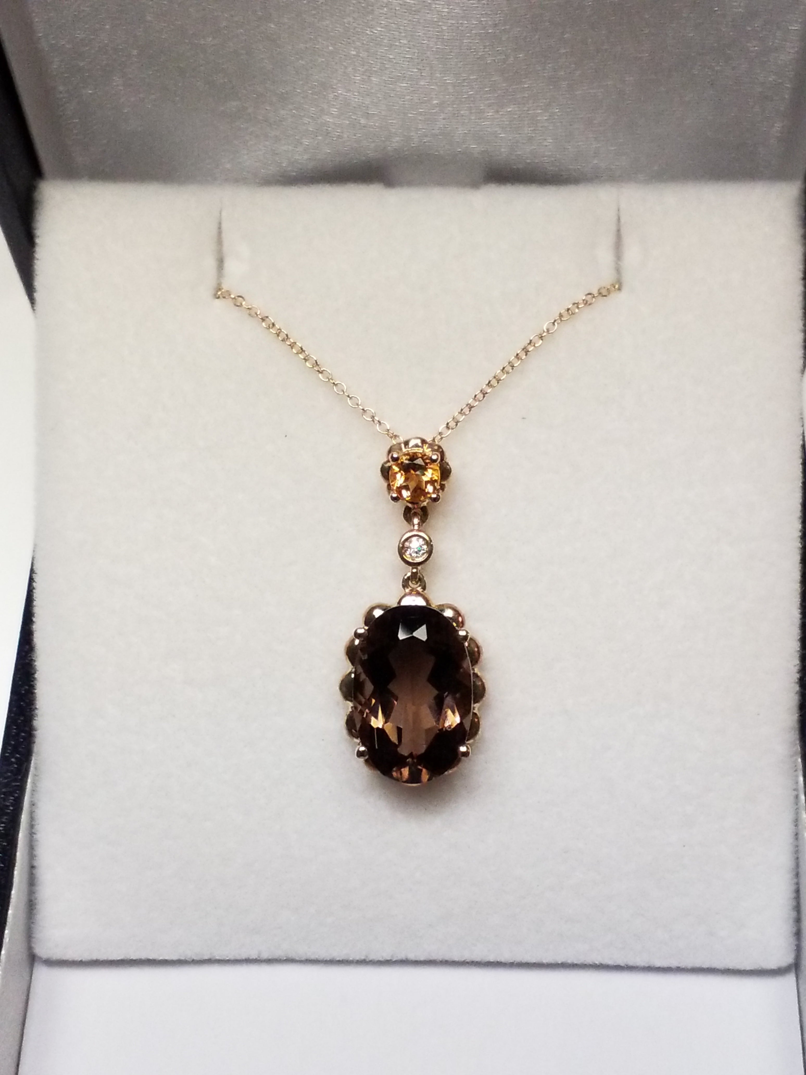 Oval Cut Smokey Quartz Pendant with Citrine and Diamond