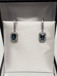 Emerald Cut Blue Topaz Earrings with Diamonds