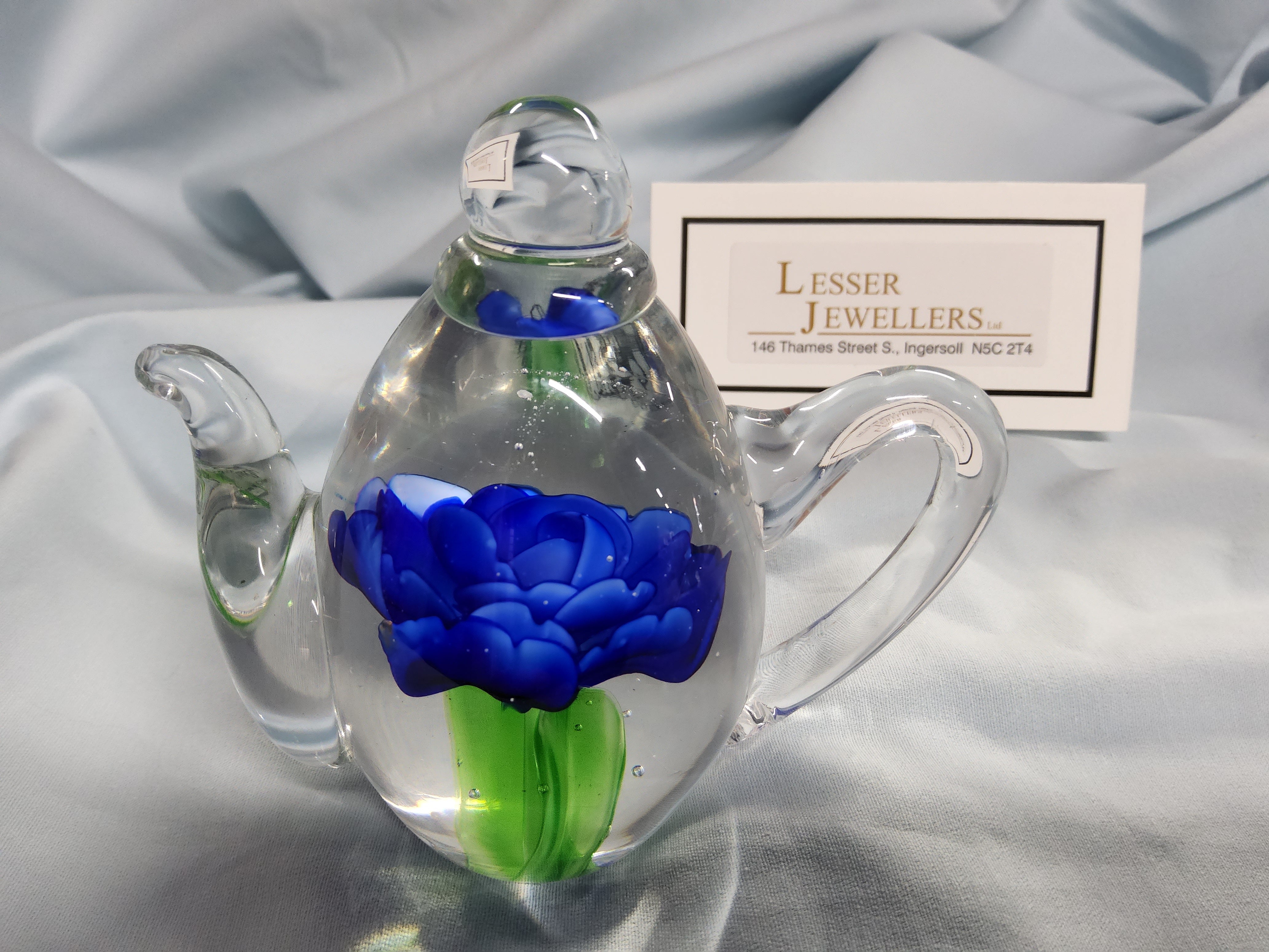Glass Teapot Paperweight - Blue Rose